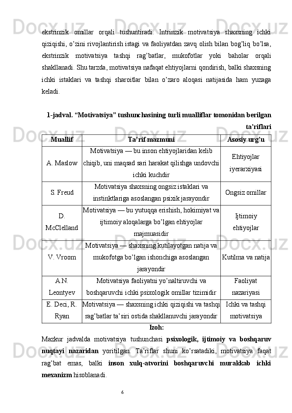 6ekstrinzik   omillar   orqali   tushuntiradi.   Intrinzik   motivatsiya   shaxsning   ichki
qiziqishi, o’zini rivojlantirish istagi va faoliyatdan zavq olish bilan bog’liq bo’lsa,
ekstrinzik   motivatsiya   tashqi   rag’batlar,   mukofotlar   yoki   baholar   orqali
shakllanadi. Shu tarzda, motivatsiya nafaqat ehtiyojlarni qondirish, balki shaxsning
ichki   istaklari   va   tashqi   sharoitlar   bilan   o’zaro   aloqasi   natijasida   ham   yuzaga
keladi.
1-jadval. “Motivatsiya” tushunchasining turli mualliflar tomonidan berilgan
ta’riflari
Muallif Ta’rif mazmuni Asosiy urg’u
A. Maslow Motivatsiya — bu inson ehtiyojlaridan kelib
chiqib, uni maqsad sari harakat qilishga undovchi
ichki kuchdir Ehtiyojlar
iyerarxiyasi
S. Freud Motivatsiya shaxsning ongsiz istaklari va
instinktlariga asoslangan psixik jarayondir Ongsiz omillar
D.
McClelland Motivatsiya — bu yutuqqa erishish, hokimiyat va
ijtimoiy aloqalarga bo’lgan ehtiyojlar
majmuasidir Ijtimoiy
ehtiyojlar
V. Vroom Motivatsiya — shaxsning kutilayotgan natija va
mukofotga bo’lgan ishonchiga asoslangan
jarayondir Kutilma va natija
A.N.
Leontyev Motivatsiya faoliyatni yo’naltiruvchi va
boshqaruvchi ichki psixologik omillar tizimidir Faoliyat
nazariyasi
E. Deci, R.
Ryan Motivatsiya — shaxsning ichki qiziqishi va tashqi
rag’batlar ta’siri ostida shakllanuvchi jarayondir Ichki va tashqi
motivatsiya
Izoh:
Mazkur   jadvalda   motivatsiya   tushunchasi   psixologik,   ijtimoiy   va   boshqaruv
nuqtayi   nazaridan   yoritilgan.   Ta’riflar   shuni   ko’rsatadiki,   motivatsiya   faqat
rag’bat   emas,   balki   inson   xulq-atvorini   boshqaruvchi   murakkab   ichki
mexanizm  hisoblanadi. 