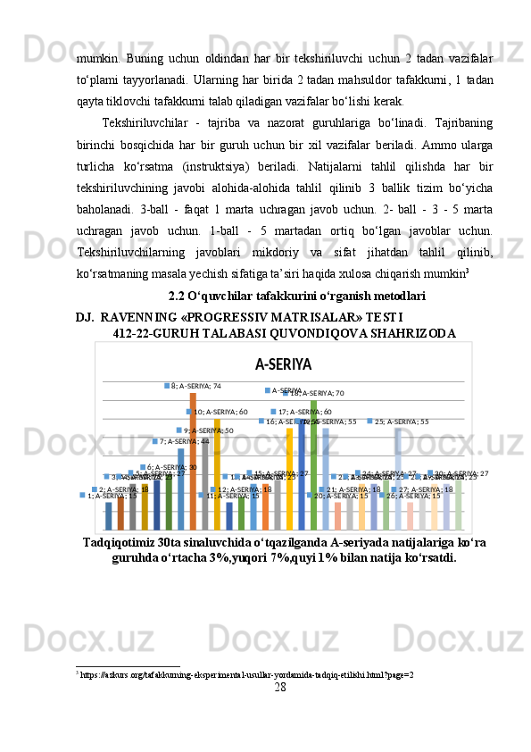 mumkin.   Buning   uchun   oldindan   har   bir   tekshiriluvchi   uchun   2   tadan   vazifalar
to‘plami   tayyorlanadi.   Ularning   har   birida   2   tadan   mahsuldor   tafakkurni ,   1   tadan
qayta tiklovchi tafakkurni talab qiladigan vazifalar bo‘lishi kerak.
Tekshiriluvchilar   -   tajriba   va   nazorat   guruhlariga   bo‘linadi.   Tajribaning
birinchi   bosqichida   har   bir   guruh   uchun   bir   xil   vazifalar   beriladi.   Ammo   ularga
turlicha   ko‘rsatma   (instruktsiya)   beriladi.   Natijalarni   tahlil   qilishda   har   bir
tekshiriluvchining   javobi   alohida-alohida   tahlil   qilinib   3   ballik   tizim   bo‘yicha
baholanadi.   3-ball   -   faqat   1   marta   uchragan   javob   uchun.   2-   ball   -   3   -   5   marta
uchragan   javob   uchun.   1-ball   -   5   martadan   ortiq   bo‘lgan   javoblar   uchun.
Tekshiriluvchilarning   javoblari   mikdoriy   va   sifat   jihatdan   tahlil   qilinib,
ko‘rsatmaning masala yechish sifatiga ta’siri haqida xulosa chiqarish mumkin 3
2.2 O‘quvchilar tafakkurini o‘rganish metodlari
DJ.  RAVENNING «PROGRESSIV MATRISALAR» TESTI
412-22-GURUH TALABASI  QUVONDIQOVA SHAHRIZODA1; A-SERIYA; 15	2; A-SERIYA; 18	
3; A-SERIYA; 25	4; A-SERIYA; 25	5; A-SERIYA; 27	6; A-SERIYA; 30	
7; A-SERIYA; 44	
8; A-SERIYA; 74	
9; A-SERIYA; 50	
10; A-SERIYA; 60	
11; A-SERIYA; 15	12; A-SERIYA; 18	
13; A-SERIYA; 25	14; A-SERIYA; 25	15; A-SERIYA; 27	
16; A-SERIYA; 55	
17; A-SERIYA; 60	
18; A-SERIYA; 70	
19; A-SERIYA; 55	
20; A-SERIYA; 15	21; A-SERIYA; 18	
22; A-SERIYA; 25	23; A-SERIYA; 25	24; A-SERIYA; 27	
25; A-SERIYA; 55	
26; A-SERIYA; 15	27; A-SERIYA; 18	
28; A-SERIYA; 25	29; A-SERIYA; 25	30; A-SERIYA; 27	
A-SERIYA	
A-SERIYA
Tadqiqotimiz 30ta sinaluvchida o‘tqazilganda A-seriyada natijalariga ko‘ra
guruhda o‘rtacha 3%,yuqori 7%,quyi 1% bilan natija ko‘rsatdi.
3
  https :// azkurs . org / tafakkurning - eksperimental - usullar - yordamida - tadqiq - etilishi . html ? page =2
28