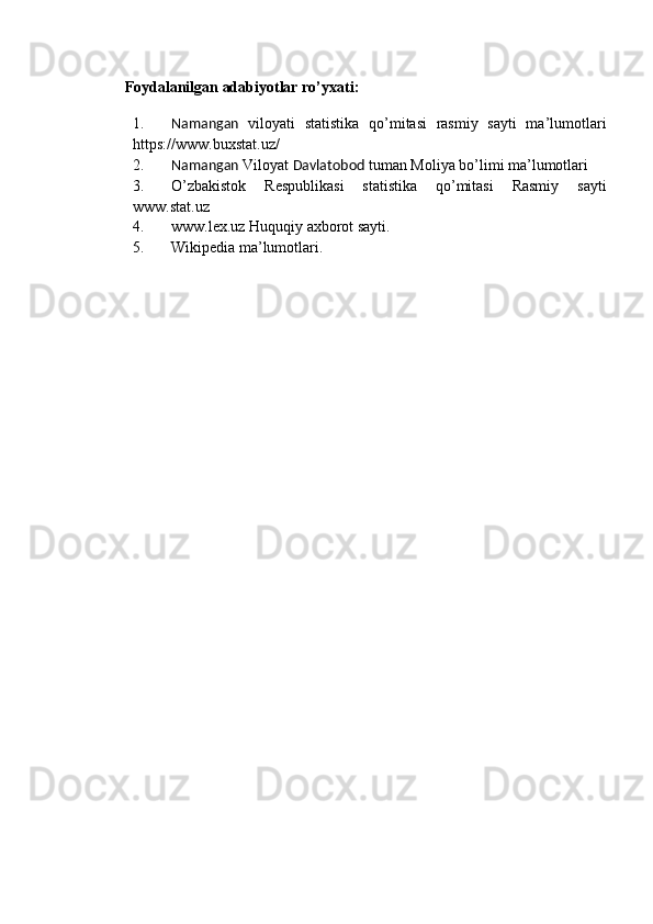 Foydalanilgan adabiyotlar ro’yxati:  
1. Namangan   viloyati   statistika   qo’mitasi   rasmiy   sayti   ma’lumotlari
https://www.buxstat.uz/ 
2. Namangan  Viloyat  Davlatobod  tuman Moliya bo’limi ma’lumotlari 
3. O’zbakistok   Respublikasi   statistika   qo’mitasi   Rasmiy   sayti
www.stat.uz 
4. www.lex.uz Huquqiy axborot sayti. 
5. Wikipedia ma’lumotlari.  