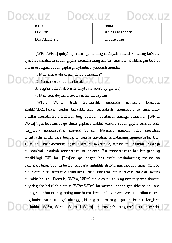 10tema rema
Die   Frau
Das   Madchen sah   das   Madchen
sah   die   Frau
[WPm,WPm] qolipli qo`shma gaplarning mohiyati Shundaki, uning tarkibiy
qismlari sanalmish sodda gaplar kesimlarining har biri mustaqil shakllangan bo`lib,
ularni   osongina sodda   gaplarga aylantirib   yuborish mumkin:
1. Men   seni   o`ylayman, Shuni   bilasanmi?
2. Borish   kerak,   borish   kerak.
3. Yigitni   uchratish   kerak,   haytovur sovib   qolgandir).
4. Men   seni   deyman,   lekin   sen   kimni   deysan?
[WPm,   WPm]   tipik   ko`rinishli   gaplarda   mustaqil   kesimlik
shakli(MKSH)dagi   gaplar   birlashtiriladi.   Birlashish   intonatsion   va   mazmuniy
omillar   asosida,   ko`p   hollarda   bog`lovchilar   vositasida   amalga   oshiriladi.   [WPm,
WPm] tipik ko`rinishli qo`shma gaplarni tashkil etuvchi sodda gaplar orasida turli
ma‗noviy   munosabatlar   mavjud   bo`ladi.   Masalan,   mazkur   qolip   asosidagi
O`qituvchi   keldi,   dars   boshlandi   gapida   quyidagi   rang-barang   munosabatlar   bor:
a)uzilishli   birin-ketinlik;   b)uzilishsiz   birin-ketinlik;   v)payt   munosabati;   g)natija
munosabati;   d)sabab   munosabati   va   hokazo.   Bu   munosabatlar   har   bir   gapning
tarkibidagi   [W]   lar,   [Pm]lar,   qo`llangan   bog`lovchi   vositalarning   ma‗no   va
vazifalari bilan bog`liq bo`lib, bevosita sintaktik strukturaga daxldor emas. Chunki
bir   fikrni   turli   sintaktik   shakllarda,   turli   fikrlarni   bir   sintaktik   shaklda   berish
mumkin bo`ladi. Demak, [WPm, WPm] tipik ko`rinishining umumiy xususiyatini
quyidagicha belgilab olamiz. [WPm,WPm] bu mustaqil sodda gap sifatida qo`llana
oladigan birdan ortiq gapning nutqda ma‗lum bir bog`lovchi vositalar bilan o`zaro
bog`lanishi   va   bitta   tugal   ohangga,   bitta   gap   to`xtamiga   ega   bo`lishidir.   Ma‗lum
bo`ladiki,   [WPm,   WPm]   [WPm   U   WPm]   umumiy   qolipining   oraliq   bir   ko`rinishi 