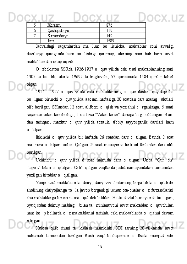 5 Xorazm 876
6 Qashqadaryo 119
7 Surxondaryo 149
Jami 1585
Jadvaldagi   raqamlardan   ma lum   bo lishicha,   maktablar   soni   avvalgi 
davrlarga   qaraganda   kam   bo lishiga   qaramay,   ularning   soni   hali   ham   sovet	

maktablaridan ortiqroq edi.
O zbekiston   SSRda   1926-1927   o quv  yilida   eski   usul   maktablarining   soni	
 
1305   ta   bo lib,   ularda   19699   ta   tinglovchi,   57   qorixonada   1484   qorilar   tahsil	

olgan.
1926   -   1927   o quv   yilida   eski   maktablarning   o quv   dasturi   quyidagicha	
 
bo lgan: birinchi o quv yilida, asosan, haftasiga 20 soatdan dars mashg ulotlari	
  
olib borilgan. SHundan 12 soati alifbeni o qish va yozishni o rganishga, 6 soati	
 
raqamlar bilan tanishishga, 2 soat esa "Vatan tarixi" darsiga bag ishlangan. Bun-	

dan   tashqari,   mazkur   o quv   yilida   tozalik,   tibbiy   tayyorgarlik   darslari   ham	

o tilgan.	

Ikkinchi   o quv   yilida   bir   haftada   26   soatdan   dars   o tilgan.   Bunda   2   soat	
 
ma ruza o tilgan, xolos. Qolgan 24 soat  mobaynida turli xil fanlardan dars olib	
 
borilgan.
Uchinchi   o quv   yilida   6   soat   hajmida   dars   o tilgan.   Unda   "Qur on"	
  
"tajvid"   bilan   o qitilgan.   Ortib   qolgan   vaqtlarda   jadid   namoyandalari   tomonidan

yozilgan kitoblar o qitilgan.	

Yangi   usul   maktablarida   diniy,   dunyoviy   fanlarning   birga-likda   o qitilishi	

aholining ehtiyojlariga to la javob berganligi uchun ota-onalar o z farzandlarini	
 
shu maktablarga berish-ni ma qul deb bildilar. Hatto davlat himoyasida bo lgan,	
 
byudjetdan doimiy mablag  bilan ta minlanuvchi sovet maktablari o quvchilari	
  
ham ko p hollarda o z maktablarini tashlab, eski mak-tablarda o qishni davom	
  
ettirgan.
Xulosa   qilib   shuni   ta kidlash   mumkinki,   XX   asrning   20-yil-larida   sovet	

hukumati   tomonidan   tuzilgan   Bosh   vaqf   boshqarmasi   o lkada   mavjud   eski	

18 