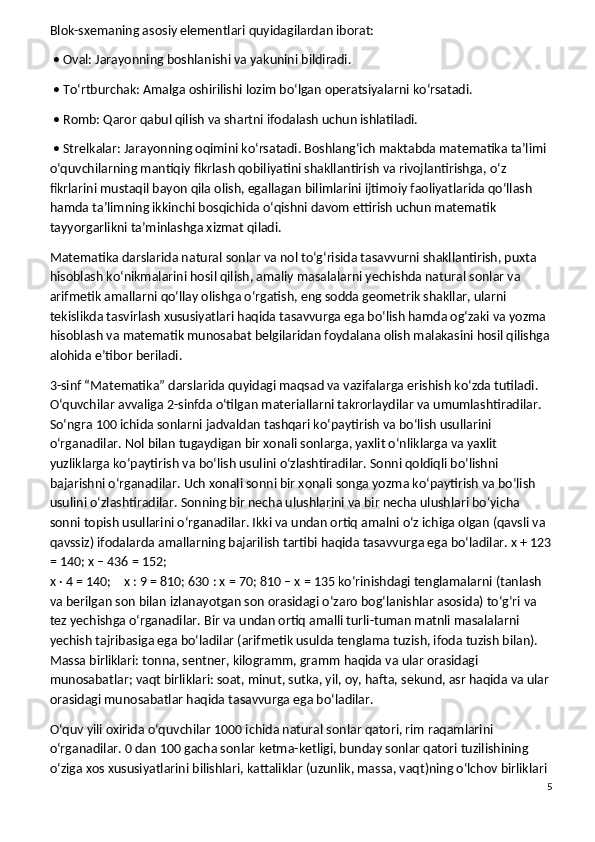 Blok-sxemaning asosiy elementlari quyidagilardan iborat:
 • Oval: Jarayonning boshlanishi va yakunini bildiradi.
 • To‘rtburchak: Amalga oshirilishi lozim bo‘lgan operatsiyalarni ko‘rsatadi.
 • Romb: Qaror qabul qilish va shartni ifodalash uchun ishlatiladi.
  • Strelkalar: Jarayonning oqimini ko‘rsatadi. Boshlang‘ich maktabda matematika ta’limi 
o‘quvchilarning mantiqiy fikrlash qobiliyatini shakllantirish va rivojlantirishga, o‘z 
fikrlarini mustaqil bayon qila olish, egallagan bilimlarini ijtimoiy faoliyatlarida qo‘llash 
hamda ta’limning ikkinchi bosqichida o‘qishni davom ettirish uchun matematik 
tayyorgarlikni ta’minlashga xizmat qiladi.
Matematika darslarida natural sonlar va nol to‘g‘risida tasavvurni shakllantirish, puxta 
hisoblash ko‘nikmalarini hosil qilish, amaliy masalalarni yechishda natural sonlar va 
arifmetik amallarni qo‘llay olishga o‘rgatish, eng sodda geometrik shakllar, ularni 
tekislikda tasvirlash xususiyatlari haqida tasavvurga ega bo‘lish hamda og‘zaki va yozma 
hisoblash va matematik munosabat belgilaridan foydalana olish malakasini hosil qilishga
alohida e’tibor beriladi.
3-sinf “Matematika” darslarida quyidagi maqsad va vazifalarga erishish ko‘zda tutiladi. 
O‘quvchilar avvaliga 2-sinfda o‘tilgan materiallarni takrorlaydilar va umumlashtiradilar. 
So‘ngra 100 ichida sonlarni jadvaldan tashqari ko‘paytirish va bo‘lish usullarini 
o‘rganadilar. Nol bilan tugaydigan bir xonali sonlarga, yaxlit o‘nliklarga va yaxlit 
yuzliklarga ko‘paytirish va bo‘lish usulini o‘zlashtiradilar. Sonni qoldiqli bo‘lishni 
bajarishni o‘rganadilar. Uch xonali sonni bir xonali songa yozma ko‘paytirish va bo‘lish 
usulini o‘zlashtiradilar. Sonning bir necha ulushlarini va bir necha ulushlari bo‘yicha 
sonni topish usullarini o‘rganadilar. Ikki va undan ortiq amalni o‘z ichiga olgan (qavsli va 
qavssiz) ifodalarda amallarning bajarilish tartibi haqida tasavvurga ega bo‘ladilar. x + 123
= 140; x – 436 = 152;
x · 4 = 140;        x : 9 = 810; 630 : x = 70; 810 – x = 135 ko‘rinishdagi tenglamalarni (tanlash 
va berilgan son bilan izlanayotgan son orasidagi o‘zaro bog‘lanishlar asosida) to‘g‘ri va 
tez yechishga o‘rganadilar. Bir va undan ortiq amalli turli-tuman matnli masalalarni 
yechish tajribasiga ega bo‘ladilar (arifmetik usulda tenglama tuzish, ifoda tuzish bilan). 
Massa birliklari: tonna, sentner, kilogramm, gramm haqida va ular orasidagi 
munosabatlar; vaqt birliklari: soat, minut, sutka, yil, oy, hafta, sekund, asr haqida va ular 
orasidagi munosabatlar haqida tasavvurga ega bo‘ladilar.
O‘quv yili oxirida o‘quvchilar 1000 ichida natural sonlar qatori, rim raqamlarini 
o‘rganadilar. 0 dan 100 gacha sonlar ketma-ketligi, bunday sonlar qatori tuzilishining 
o‘ziga xos xususiyatlarini bilishlari, kattaliklar (uzunlik, massa, vaqt)ning o‘lchov birliklari 
5