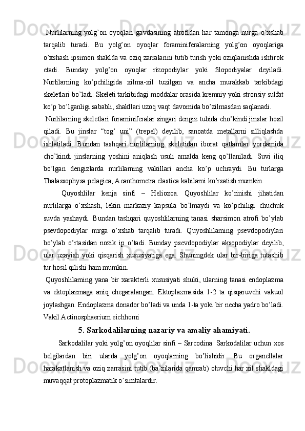   Nurlilarning   yolg’on   oyoqlari   gavdasining   atrofidan   har   tamonga   nurga   o’xshab
tarqalib   turadi.   Bu   yolg’on   oyoqlar   foraminiferalarning   yolg’on   oyoqlariga
o’xshash ipsimon shaklda va oziq zarralarini tutib turish yoki oziqlanishda ishtirok
etadi.   Bunday   yolg’on   oyoqlar   rizopodiylar   yoki   filopodiyalar   deyiladi.
Nurlilarning   ko’pchiligida   xilma-xil   tuzilgan   va   ancha   murakkab   tarkibdagi
skeletlari bo’ladi. Skeleti tarkibidagi moddalar orasida kremniy yoki stronsiy sulfat
ko’p bo’lganligi sababli, shakllari uzoq vaqt davomida bo’zilmasdan saqlanadi. 
 Nurlilarning skeletlari foraminiferalar singari dengiz tubida cho’kindi jinslar hosil
qiladi.   Bu   jinslar   “tog’   uni”   (trepel)   deyilib,   sanoatda   metallarni   silliqlashda
ishlatiladi.   Bundan   tashqari   nurlilarning   skeletidan   iborat   qatlamlar   yordamida
cho’kindi   jinslarning   yoshini   aniqlash   usuli   amalda   keng   qo’llaniladi.   Suvi   iliq
bo’lgan   dengizlarda   nurlilarning   vakillari   ancha   ko’p   uchraydi.   Bu   turlarga
Thalassophysa pelagica, Acanthometra elastica kabilarni ko’rsatish mumkin. 
Quyoshlilar   kenja   sinfi   –   Heliozoa.   Quyoshlilar   ko’rinishi   jihatidan
nurlilarga   o’xshash,   lekin   markaziy   kapsula   bo’lmaydi   va   ko’pchiligi   chuchuk
suvda   yashaydi.   Bundan   tashqari   quyoshlilarning   tanasi   sharsimon   atrofi   bo’ylab
psevdopodiylar   nurga   o’xshab   tarqalib   turadi.   Quyoshlilarning   psevdopodiylari
bo’ylab   o’rtasidan   nozik   ip   o’tadi.   Bunday   psevdopodiylar   aksopodiylar   deyilib,
ular   uzayish   yoki   qisqarish   xususiyatiga   ega.   Shuningdek   ular   bir-biriga   tutashib
tur hosil qilishi ham mumkin. 
  Quyoshlilarning  yana  bir   xarakterli   xususiyati   shuki,  ularning  tanasi  endoplazma
va   ektoplazmaga   aniq   chegaralangan.   Ektoplazmasida   1-2   ta   qisqaruvchi   vakuol
joylashgan. Endoplazma donador bo’ladi va unda 1-ta yoki bir necha yadro bo’ladi.
Vakil Actinosphaerium eichhorni 
5.   Sarkodalilarning nazariy va amaliy ahamiyati.
Sarkodalilar yoki yolg’on oyoqlilar sinfi – Sarcodina. Sarkodalilar uchun xos
belgilardan   biri   ularda   yolg’on   oyoqlarning   bo’lishidir.   Bu   organellalar
harakatlanish va oziq zarrasini tutib (ba’zilarida qamrab) oluvchi har xil shakldagi
muvaqqat protoplazmatik o’simtalardir.  