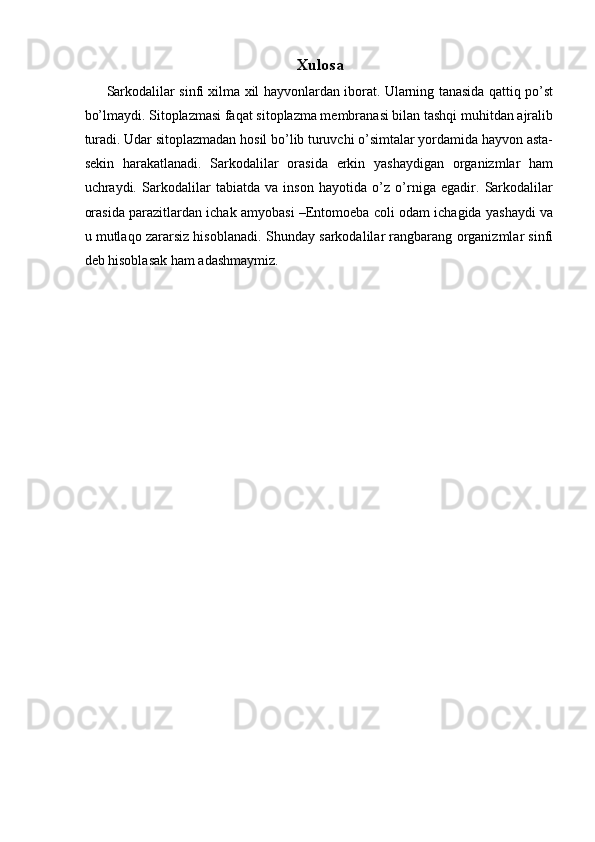 Xulosa 
Sarkodalilar sinfi xilma xil hayvonlardan iborat. Ularning tanasida qattiq po’st
bo’lmaydi. Sitoplazmasi faqat sitoplazma membranasi bilan tashqi muhitdan ajralib
turadi. Udar sitoplazmadan hosil bo’lib turuvchi o’simtalar yordamida hayvon asta-
sekin   harakatlanadi.   Sarkodalilar   orasida   erkin   yashaydigan   organizmlar   ham
uchraydi.   Sarkodalilar   tabiatda   va   inson   hayotida   o’z   o’rniga   egadir.   Sarkodalilar
orasida parazitlardan ichak amyobasi –Entomoeba coli odam ichagida yashaydi va
u mutlaqo zararsiz hisoblanadi.   Shunday sarkodalilar rangbarang organizmlar sinfi
deb hisoblasak ham adashmaymiz. 
 
 
 
 
 
 
 
 
 
 
 
 
 
 
 
 
 
 
 
 
  