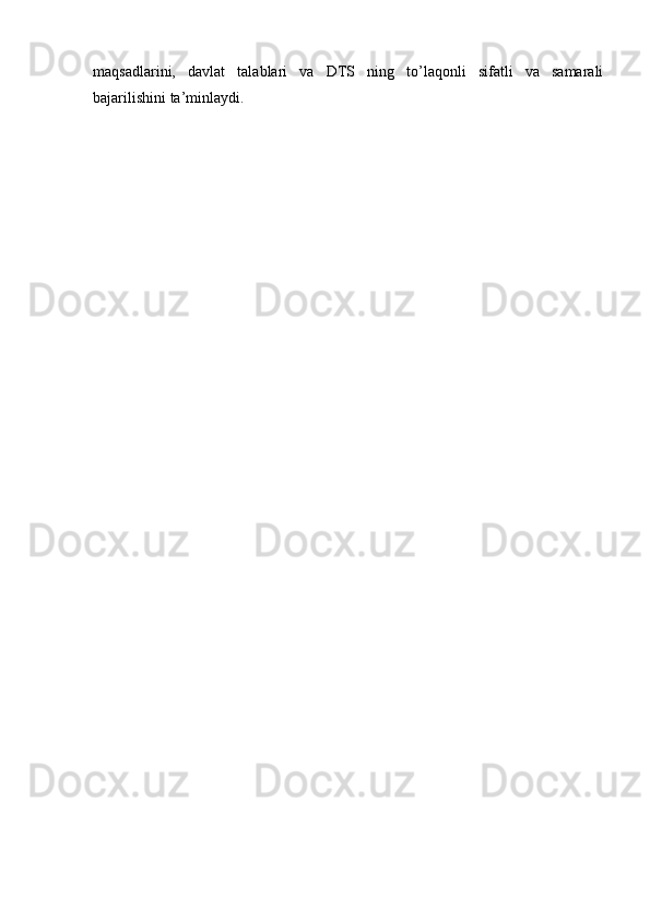 maqsadlarini,   davlat   talablari   va   DTS   ning   to’laqonli   sifatli   va   samarali
bajarilishini ta’minlaydi. 