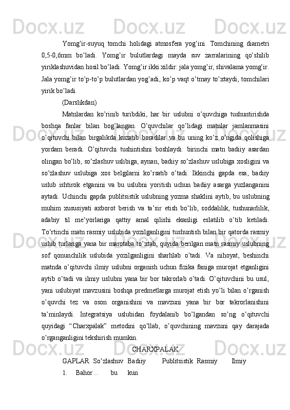 Yomg’ir-suyuq   tomchi   holidagi   atmosfera   yog’ini.   Tomchining   diametri
0,5-0,6mm   bo’ladi.   Yomg’ir   bulutlardagi   mayda   suv   zarralarining   qo’shilib
yiriklashuvidan hosil bo’ladi. Yomg’ir ikki xildir: jala yomg’ir, shivalama yomg’ir.
Jala yomg’ir to’p-to’p bulutlardan yog’adi, ko’p vaqt o’tmay to’xtaydi, tomchilari
yirik bo’ladi.
(Darslikdan)
Matnlardan   ko’rinib   turibdiki,   har   bir   uslubni   o’quvchiga   tushuntirishda
boshqa   fanlar   bilan   bog’langan.   O’quvchilar   qo’lidagi   matnlar   jamlanmasini
o’qituvchi   bilan   birgalikda   kuzatib   boradilar   va   bu   uning   ko’z   o’ngida   qolishiga
yordam   beradi.   O’qituvchi   tushintishni   boshlaydi:   birinchi   matn   badiiy   asardan
olingan bo’lib, so’zlashuv uslibiga, aynan, badiiy so’zlashuv uslubiga xosligini va
so’zlashuv   uslubiga   xos   belgilarni   ko’rsatib   o’tadi.   Ikkinchi   gapda   esa,   badiiy
uslub   ishtirok   etganini   va   bu   uslubni   yoritish   uchun   badiiy   asarga   yuzlanganini
aytadi.  Uchinchi   gapda   publitsistik   uslubning   yozma   shaklini   aytib,  bu   uslubning
muhim   xususiyati   axborot   berish   va   ta’sir   etish   bo’lib,   soddalilik,   tushunarlilik,
adabiy   til   me’yorlariga   qattiy   amal   qilishi   ekanligi   eslatilib   o’tib   ketiladi.
To’rtinchi matn rasmiy uslubida yozilganligini tushuntish bilan bir qatorda rasmiy
uslub turlariga yana bir marotaba to’xtab, quyida berilgan matn rasmiy uslubning
sof   qonunchilik   uslubida   yozilganligini   sharhlab   o’tadi.   Va   nihoyat,   beshinchi
matnda  o’qituvchi   ilmiy   uslubni   organish   uchun   fizika   faniga  murojat   etganligini
aytib   o’tadi   va   ilmiy   uslubni   yana   bir   bor   takrorlab   o’tadi.   O’qituvchini   bu   usul,
yani uslubiyat  mavzusini  boshqa  predmetlarga murojat  etish yo’li  bilan o’rganish
o’quvchi   tez   va   oson   organishini   va   mavzuni   yana   bir   bor   takrorlanishini
ta’minlaydi.   Integratsiya   uslubidan   foydalanib   bo’lgandan   so’ng   o’qituvchi
quyidagi   “Charxpalak”   metodini   qo’llab,   o’quvchining   mavzuni   qay   darajada
o’rganganligini tekshirish mumkin.
CHARXPALAK
GAPLAR So’zlashuv Badiiy Publitsistik Rasmiy Ilmiy
1. Bahor… bu kun 