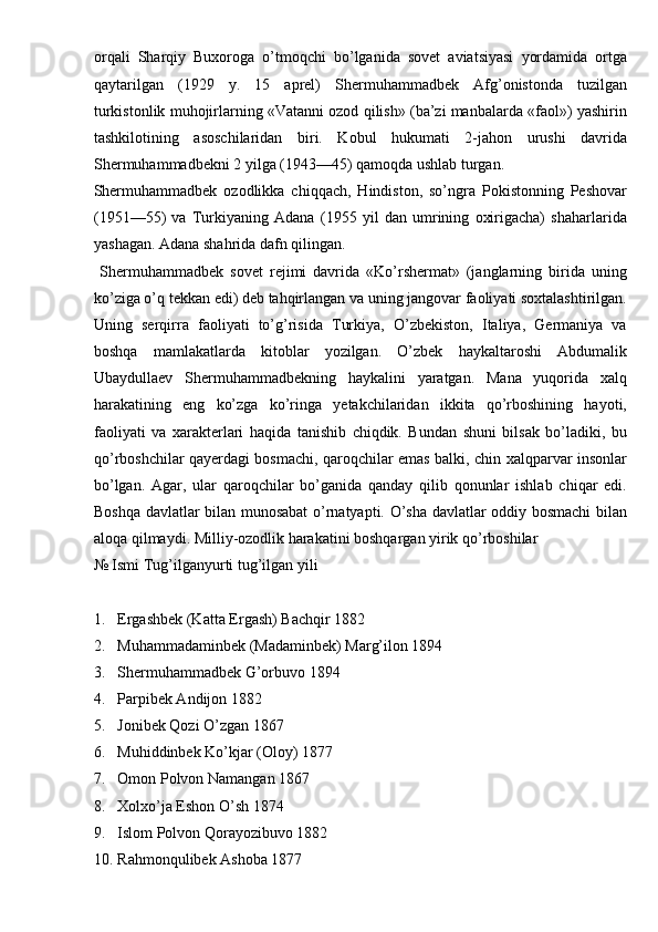 orqali   Sharqiy   Buxoroga   o’tmoqchi   bo’lganida   sovet   aviatsiyasi   yordamida   ortga
qaytarilgan   (1929   y.   15   aprel)   Shermuhammadbek   Afg’onistonda   tuzilgan
turkistonlik muhojirlarning «Vatanni ozod qilish» (ba’zi manbalarda «faol») yashirin
tashkilotining   asoschilaridan   biri.   Kobul   hukumati   2-jahon   urushi   davrida
Shermuhammadbekni 2 yilga (1943—45) qamoqda ushlab turgan. 
Shermuhammadbek   ozodlikka   chiqqach,   Hindiston,   so’ngra   Pokistonning   Peshovar
(1951—55)   va   Turkiyaning   Adana   (1955   yil   dan   umrining   oxirigacha)   shaharlarida
yashagan. Adana shahrida dafn qilingan. 
  Shermuhammadbek   sovet   rejimi   davrida   «Ko’rshermat»   (janglarning   birida   uning
ko’ziga o’q tekkan edi) deb tahqirlangan va uning jangovar faoliyati soxtalashtirilgan.
Uning   serqirra   faoliyati   to’g’risida   Turkiya,   O’zbekiston,   Italiya,   Germaniya   va
boshqa   mamlakatlarda   kitoblar   yozilgan.   O’zbek   haykaltaroshi   Abdumalik
Ubaydullaev   Shermuhammadbekning   haykalini   yaratgan.   Mana   yuqorida   xalq
harakatining   eng   ko’zga   ko’ringa   yetakchilaridan   ikkita   qo’rboshining   hayoti,
faoliyati   va   xarakterlari   haqida   tanishib   chiqdik.   Bundan   shuni   bilsak   bo’ladiki,   bu
qo’rboshchilar qayerdagi bosmachi, qaroqchilar emas balki, chin xalqparvar insonlar
bo’lgan.   Agar,   ular   qaroqchilar   bo’ganida   qanday   qilib   qonunlar   ishlab   chiqar   edi.
Boshqa davlatlar bilan munosabat o’rnatyapti. O’sha davlatlar oddiy bosmachi bilan
aloqa qilmaydi. Milliy-ozodlik harakatini boshqargan yirik qo’rboshilar 
№ Ismi Tug’ilganyurti tug’ilgan yili 
 
1. Ergashbek (Katta Ergash) Bachqir 1882 
2. Muhammadaminbek (Madaminbek) Marg’ilon 1894 
3. Shermuhammadbek G’orbuvo 1894 
4. Parpibek Andijon 1882 
5. Jonibek Qozi O’zgan 1867 
6. Muhiddinbek Ko’kjar (Oloy) 1877 
7. Omon Polvon Namangan 1867 
8. Xolxo’ja Eshon O’sh 1874 
9. Islom Polvon Qorayozibuvo 1882 
10. Rahmonqulibek Ashoba 1877  
