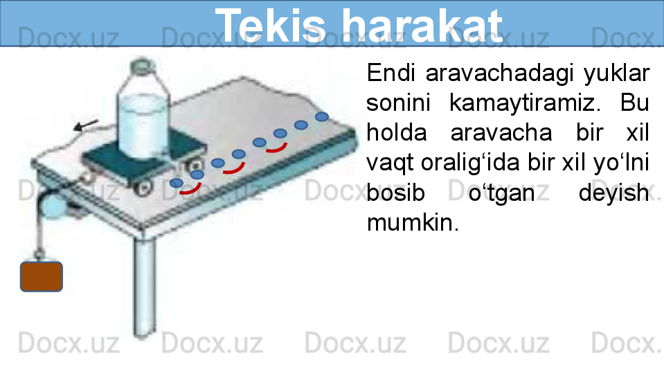       Tekis harakat
Endi  aravachadagi  yuklar 
sonini  kamaytiramiz.  Bu 
holda  aravacha  bir  xil 
vaqt oralig‘ida bir xil yo‘lni 
bosib  o‘tgan  deyish 
mumkin.  