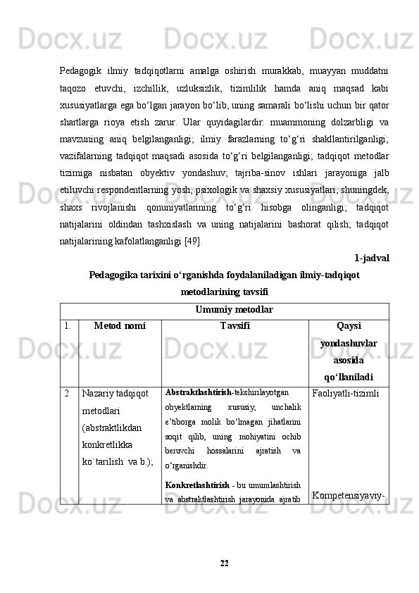 Pedagogik   ilmiy   tadqiqotlarni   amalga   oshirish   murakkab,   muayyan   muddatni
taqozo   etuvchi,   izchillik,   uzluksizlik,   tizimlilik   hamda   aniq   maqsad   kabi
xususiyatlarga ega bo‘lgan jarayon bo‘lib, uning samarali bo‘lishi uchun bir qator
shartlarga   rioya   etish   zarur.   Ular   quyidagilardir:   muammoning   dolzarbligi   va
mavzuning   aniq   belgilanganligi;   ilmiy   farazlarning   to‘g‘ri   shakllantirilganligi;
vazifalarning   tadqiqot   maqsadi   asosida   to‘g‘ri   belgilanganligi;   tadqiqot   metodlar
tizimiga   nisbatan   obyektiv   yondashuv;   tajriba - sinov   ishlari   jarayoniga   jalb
etiluvchi respondentlarning yosh, psixologik va shaxsiy xususiyatlari, shuningdek,
shaxs   rivojlanishi   qonuniyatlarining   to‘g‘ri   hisobga   olinganligi;   tadqiqot
natijalarini   oldindan   tashxislash   va   uning   natijalarini   bashorat   qilish;   tadqiqot
natijalarining kafolatlanganligi [49].  
1-jadval
Pedagogika tarixini o‘rganishda foydalaniladigan ilmiy-tadqiqot
metodlarining tavsifi
         Umumiy metodlar
1. Metod nomi Tavsifi Qaysi
yondashuvlar
asosida
qo‘llaniladi
2 Nazariy tadqiqot 
metodlari 
(abstraktlikdan 
konkretlikka 
ko`tarilish  va   b.); Abstraktlashtirish -tekshirilayotgan
obyektlarning   xususiy,   unchalik
e ’ tiborga   molik   bo ‘ lmagan   jihatlarini
soqit   qilib,   uning   mohiyatini   ochib
beruvchi   hossalarini   ajratish   va
o ‘ rganishdir.
Konkretlashtirish   - bu umumlashtirish
va   abstraktlashtirish   jarayonida   ajratib Faoliyatli-tizimli
Kompetensiyaviy-
22 