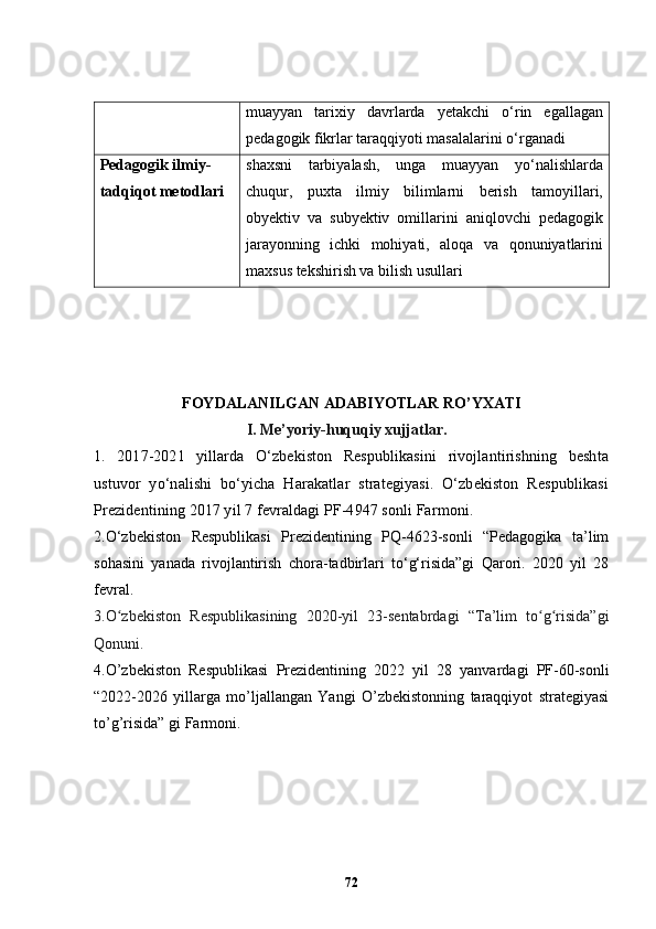 muayyan   tarixiy   davrlarda   y etakchi   o‘rin   egallagan
pedagogik fikrlar taraqqiyoti masalalarini o‘rganadi
Pedagogik ilmiy-
tadqiqot metodlari shaxsni   tarbiyalash,   unga   muayyan   yo‘nalishlarda
chuqur,   puxta   ilmiy   bilimlarni   berish   tamoyillari,
obyektiv   va   subyektiv   omillarini   aniqlovchi   pedagogik
jarayonning   ichki   mohiyati,   aloqa   va   qonuniyatlarini
maxsus tekshirish va bilish usullari
FOYDALANILGAN ADABIYOTLAR RO’YXATI
              I. Me’yoriy-huquqiy xujjatlar.
1 .   2017-2021   yillarda   O‘zbekiston   Respublikasini   rivojlantirishning   beshta
ustuvor   yo‘nalishi   bo‘yicha   Harakatlar   strategiyasi.   O‘zbekiston   Respublikasi
Prezidentining 2017 yil 7 fevraldagi PF-4947 sonli Farmoni.
2. O‘zbekiston   Respublikasi   Prezidentining   PQ-4623-sonli   “Pedagogika   ta’lim
sohasini   yanada   rivojlantirish   chora-tadbirlari   to‘g‘risida”gi   Qarori.   2020   yil   28
fevral.
3.O zbekiston   Respublikasining   2020-yil   23-sentabrdagi   “Ta’lim   to g risida”giʻ ʻ ʻ
Qonuni.
4.O’zbekiston   Respublikasi   Prezidentining   2022   yil   28   yanvardagi   PF-60-sonli
“2022-2026   yillarga   mo’ljallangan   Yangi   O’zbekistonning   taraqqiyot   strategiyasi
to’g’risida” gi Farmoni.
72