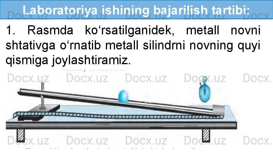 Laboratoriya ishining bajarilish tartibi:
1.  Rasmda  ko‘rsatilganidek,  metall  novni 
shtativga  o‘rnatib  metall  silindrni  novning  quyi 
qismiga joylashtiramiz. 