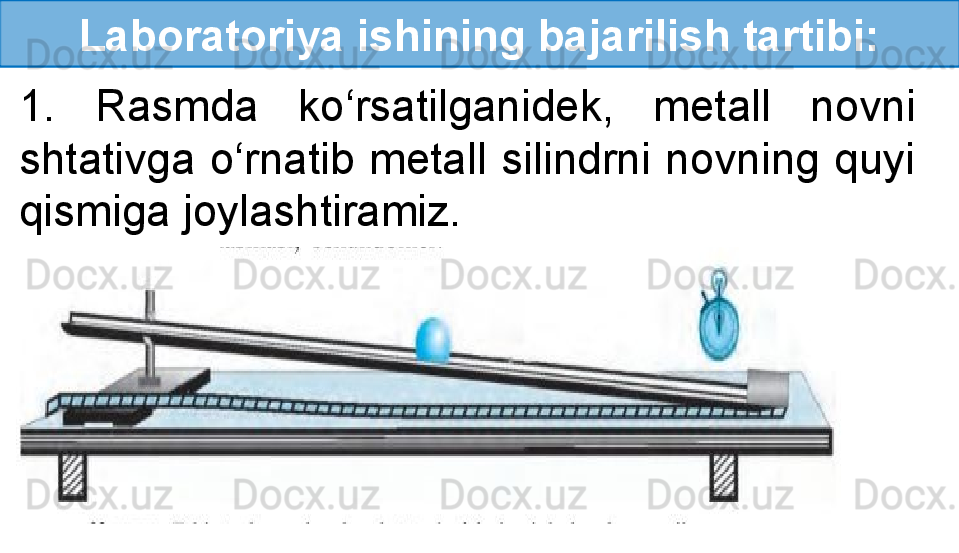 Laboratoriya ishining bajarilish tartibi:
1.  Rasmda  ko‘rsatilganidek,  metall  novni 
shtativga  o‘rnatib  metall  silindrni  novning  quyi 
qismiga joylashtiramiz.