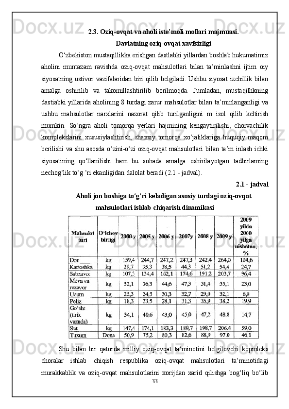 2.3. Oziq-ovqat va aholi iste’moli mollari majmuasi. 
Davlatning oziq-ovqat xavfsizligi
O‘zbekiston mustaqillikka erishgan dastlabki yillardan boshlab hukumatimiz
aholini   muntazam   ravishda   oziq-ovqat   mahsulotlari   bilan   ta’minlashni   ijtim   oiy
siyosatning   ustivor   vazifalaridan  biri   qilib  belgiladi.   Ushbu  siyosat  izchillik  bilan
amalga   oshirilib   va   takomillashtirilib   borilmoqda.   Jumladan,   mustaqilhkning
dastiabki yillarida aholining 8 turdagi zarur mahsulotlar bilan ta’minlanganligi  va
ushbu   mahsulotlar   narxlarini   nazorat   qilib   turilganligini   m   isol   qilib   keltirish
mumkin.   So‘ngra   aholi   tomorqa   yerlari   hajmining   kengaytirilishi,   chorvachilik
komplekslarini   xususiylashtirish,   shaxsiy   tomorqa   xo‘jaliklariga   huquqiy   maqom
berilishi  va shu asosda o‘zini-o‘zi  oziq-ovqat mahsulotlari bilan ta’m inlash ichki
siyosatining   qo‘llanilishi   ham   bu   sohada   amalga   oshirilayotgan   tadbirlaming
nechog‘lik to‘g ‘ri ekanligidan dalolat beradi (2.1 - jadval).
2.1 - jadval
Aholi jon boshiga to‘g‘ri keladigan asosiy turdagi oziq-ovqat
mahsulotlari ishlab chiqarish dinamikasi
Shu   bilan   bir   qatorda   milliy   oziq-ovqat   ta‘minotini   belgilovchi   kopmleks
choralar   ishlab   chiqish   respublika   oziq-ovqat   mahsulotlari   ta‘minotidagi
murakkablik   va   oziq-ovqat   mahsulotlarini   xorijdan   xarid   qilishga   bog‘liq   bo‘lib
33 