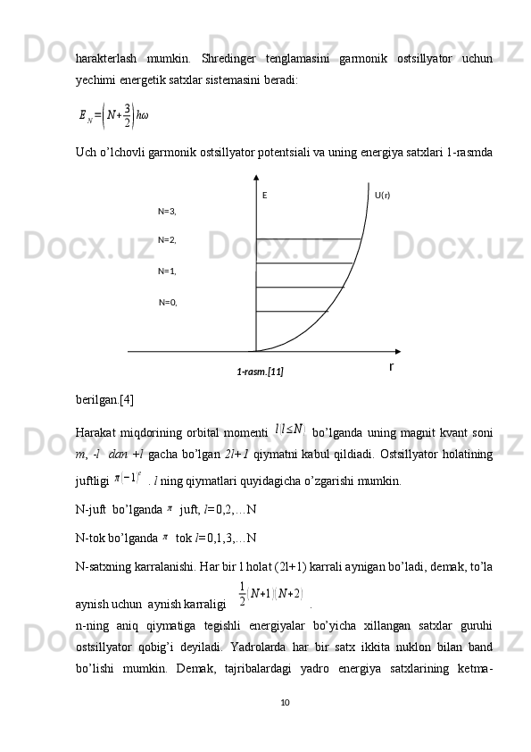 harakterlash   mumkin.   Shredinger   tenglamasini   garmonik   ostsillyator   uchun
yechimi energetik satxlar sistemasini beradi:EN=(N+3
2)hω
Uch o’lchovli garmonik ostsillyator potentsiali va uning energiya satxlari 1-rasmda
berilgan.[4]
Harakat   miqdorining   orbital   momenti  	
l(l≤	N)   bo’lganda   uning   magnit   kvant   soni
m , - l    dan +l   gacha bo’lgan   2l+1   qiymatni  kabul  qildiadi.  Ostsillyator  holatining
juftligi 	
π(−1)е  .  l  ning qiymatlari quyidagicha o’zgarishi mumkin.
N-juft  bo’lganda 	
π  juft,  l= 0,2,…N  
N-tok bo’lganda 
π  tok  l= 0,1,3,…N  
N-satxning karralanishi. Har bir  l  holat ( 2l+1 ) karrali aynigan bo’ladi, demak, to’la
aynish uchun  aynish karraligi   	
1
2(N	+1)(N	+2)  .
n -ning   aniq   qiymatiga   tegishli   energiyalar   bo’yicha   xillangan   satxlar   guruhi
ostsillyator   qobig’i   deyiladi.   Yadrolarda   har   bir   satx   ikkita   nuklon   bilan   band
bo’lishi   mumkin.   Demak,   tajribalardagi   yadro   energiya   satxlarining   ketma-
10N=3, 
N=2, 
N=1, 
N=0,  U(r)
rE
1-rasm.[11] 