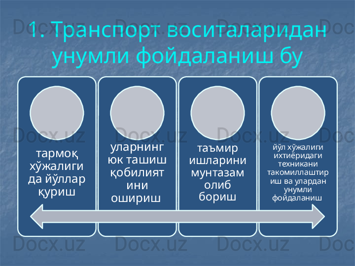 1. Транспорт воситаларидан 
унумли фойдаланиш бу
тармоқ 
хўжалиги
да йўллар 
қуриш уларнинг 
юк ташиш 
қобилият
ини 
ошириш  таъмир 
ишларини 
мунтазам 
олиб 
бориш йўл хўжалиги 
ихтиёридаги 
техникани 
такомиллаштир
иш ва улардан 
унумли 
фойдаланиш  