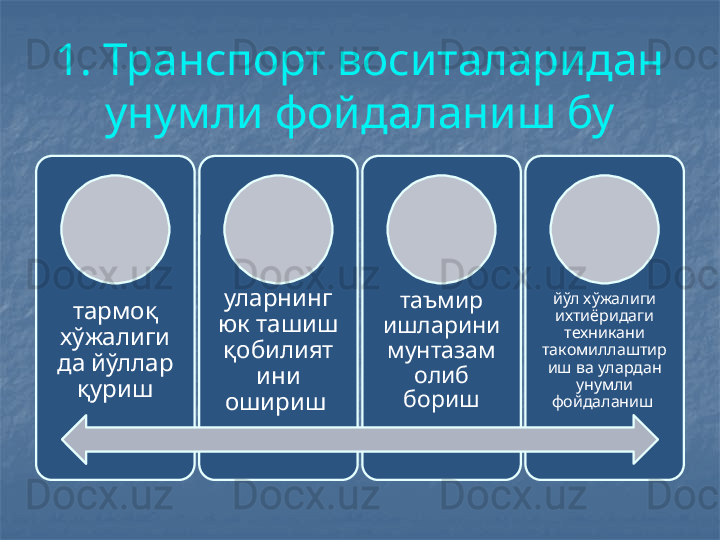 1. Транспорт воситаларидан 
унумли фойдаланиш бу
тармоқ 
хўжалиги
да йўллар 
қуриш уларнинг 
юк ташиш 
қобилият
ини 
ошириш  таъмир 
ишларини 
мунтазам 
олиб 
бориш йўл хўжалиги 
ихтиёридаги 
техникани 
такомиллаштир
иш ва улардан 
унумли 
фойдаланиш