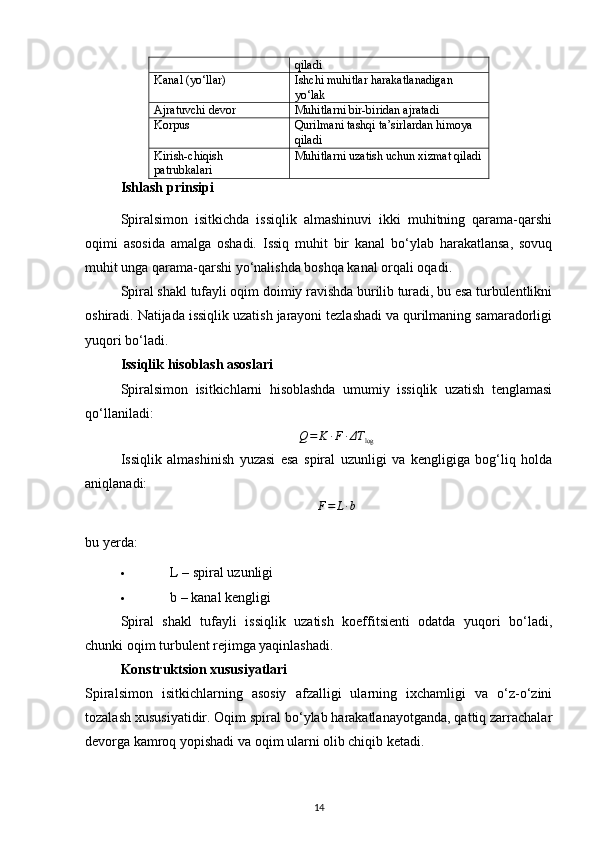 qiladi
Kanal (yo‘llar) Ishchi muhitlar harakatlanadigan 
yo‘lak
Ajratuvchi devor Muhitlarni bir-biridan ajratadi
Korpus Qurilmani tashqi ta’sirlardan himoya 
qiladi
Kirish-chiqish 
patrubkalari Muhitlarni uzatish uchun xizmat qiladi
Ishlash prinsipi
Spiralsimon   isitkichda   issiqlik   almashinuvi   ikki   muhitning   qarama-qarshi
oqimi   asosida   amalga   oshadi.   Issiq   muhit   bir   kanal   bo‘ylab   harakatlansa,   sovuq
muhit unga qarama-qarshi yo‘nalishda boshqa kanal orqali oqadi.
Spiral shakl tufayli oqim doimiy ravishda burilib turadi, bu esa turbulentlikni
oshiradi. Natijada issiqlik uzatish jarayoni tezlashadi va qurilmaning samaradorligi
yuqori bo‘ladi.
Issiqlik hisoblash asoslari
Spiralsimon   isitkichlarni   hisoblashda   umumiy   issiqlik   uzatish   tenglamasi
qo‘llaniladi:
Q = K · F · ΔΤ
log
Issiqlik   almashinish   yuzasi   esa   spiral   uzunligi   va   kengligiga   bog‘liq   holda
aniqlanadi:F=	L·b
bu yerda:
 L  – spiral uzunligi 
 b  – kanal kengligi 
Spiral   shakl   tufayli   issiqlik   uzatish   koeffitsienti   odatda   yuqori   bo‘ladi,
chunki oqim turbulent rejimga yaqinlashadi.
Konstruktsion xususiyatlari
Spiralsimon   isitkichlarning   asosiy   afzalligi   ularning   ixchamligi   va   o‘z-o‘zini
tozalash xususiyatidir. Oqim spiral bo‘ylab harakatlanayotganda, qattiq zarrachalar
devorga kamroq yopishadi va oqim ularni olib chiqib ketadi.
14 