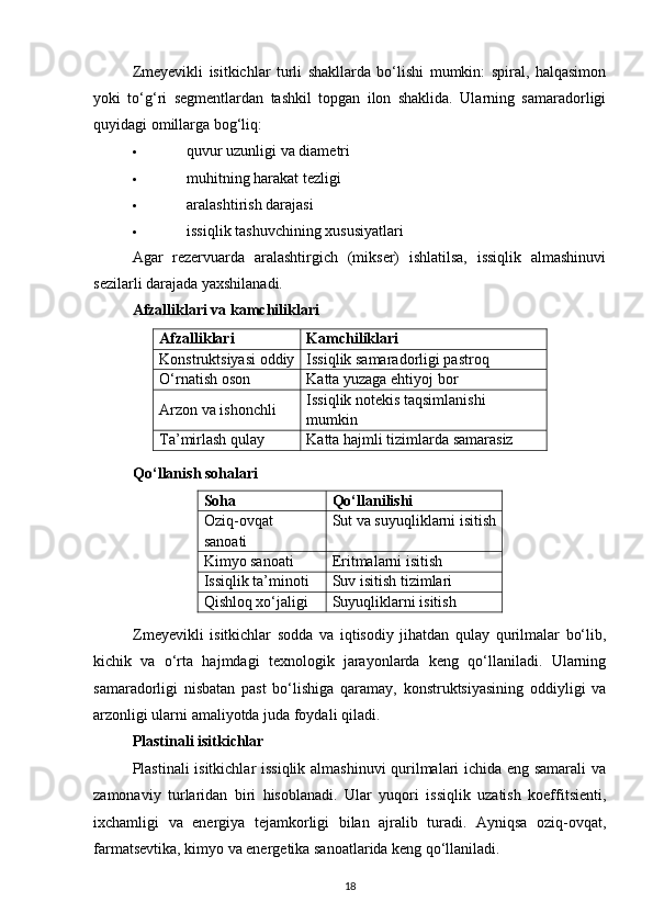 Zmeyevikli   isitkichlar   turli   shakllarda   bo‘lishi   mumkin:   spiral,   halqasimon
yoki   to‘g‘ri   segmentlardan   tashkil   topgan   ilon   shaklida.   Ularning   samaradorligi
quyidagi omillarga bog‘liq:
 quvur uzunligi va diametri 
 muhitning harakat tezligi 
 aralashtirish darajasi 
 issiqlik tashuvchining xususiyatlari 
Agar   rezervuarda   aralashtirgich   (mikser)   ishlatilsa,   issiqlik   almashinuvi
sezilarli darajada yaxshilanadi.
Afzalliklari va kamchiliklari
Afzalliklari Kamchiliklari
Konstruktsiyasi oddiy Issiqlik samaradorligi pastroq
O‘rnatish oson Katta yuzaga ehtiyoj bor
Arzon va ishonchli Issiqlik notekis taqsimlanishi 
mumkin
Ta’mirlash qulay Katta hajmli tizimlarda samarasiz
Qo‘llanish sohalari
Soha Qo‘llanilishi
Oziq-ovqat
sanoati Sut va suyuqliklarni isitish
Kimyo sanoati Eritmalarni isitish
Issiqlik ta’minoti Suv isitish tizimlari
Qishloq xo‘jaligi Suyuqliklarni isitish
Zmeyevikli   isitkichlar   sodda   va   iqtisodiy   jihatdan   qulay   qurilmalar   bo‘lib,
kichik   va   o‘rta   hajmdagi   texnologik   jarayonlarda   keng   qo‘llaniladi.   Ularning
samaradorligi   nisbatan   past   bo‘lishiga   qaramay,   konstruktsiyasining   oddiyligi   va
arzonligi ularni amaliyotda juda foydali qiladi.
Plastinali isitkichlar
Plastinali isitkichlar issiqlik almashinuvi qurilmalari ichida eng samarali va
zamonaviy   turlaridan   biri   hisoblanadi.   Ular   yuqori   issiqlik   uzatish   koeffitsienti,
ixchamligi   va   energiya   tejamkorligi   bilan   ajralib   turadi.   Ayniqsa   oziq-ovqat,
farmatsevtika, kimyo va energetika sanoatlarida keng qo‘llaniladi.
18 