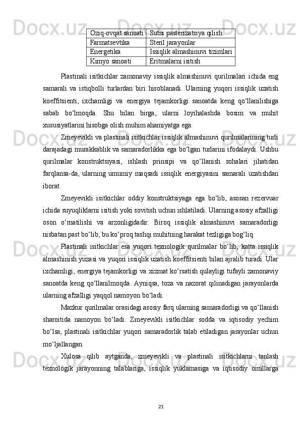Oziq-ovqat sanoati Sutni pasterizatsiya qilish
Farmatsevtika Steril jarayonlar
Energetika Issiqlik almashinuvi tizimlari
Kimyo sanoati Eritmalarni isitish
Plastinali   isitkichlar   zamonaviy   issiqlik   almashinuvi   qurilmalari   ichida   eng
samarali   va   istiqbolli   turlardan   biri   hisoblanadi.   Ularning   yuqori   issiqlik   uzatish
koeffitsienti,   ixchamligi   va   energiya   tejamkorligi   sanoatda   keng   qo‘llanilishiga
sabab   bo‘lmoqda.   Shu   bilan   birga,   ularni   loyihalashda   bosim   va   muhit
xususiyatlarini hisobga olish muhim ahamiyatga ega.
Zmeyevikli va plastinali isitkichlar issiqlik almashinuvi qurilmalarining turli
darajadagi murakkablik va samaradorlikka ega bo‘lgan turlarini ifodalaydi. Ushbu
qurilmalar   konstruktsiyasi,   ishlash   prinsipi   va   qo‘llanish   sohalari   jihatidan
farqlansa-da,   ularning   umumiy   maqsadi   issiqlik   energiyasini   samarali   uzatishdan
iborat.
Zmeyevikli   isitkichlar   oddiy   konstruktsiyaga   ega   bo‘lib,   asosan   rezervuar
ichida suyuqliklarni isitish yoki sovitish uchun ishlatiladi. Ularning asosiy afzalligi
oson   o‘rnatilishi   va   arzonligidadir.   Biroq   issiqlik   almashinuvi   samaradorligi
nisbatan past bo‘lib, bu ko‘proq tashqi muhitning harakat tezligiga bog‘liq.
Plastinali   isitkichlar   esa   yuqori   texnologik   qurilmalar   bo‘lib,   katta   issiqlik
almashinish yuzasi va yuqori issiqlik uzatish koeffitsienti bilan ajralib turadi. Ular
ixchamligi, energiya tejamkorligi va xizmat ko‘rsatish qulayligi tufayli zamonaviy
sanoatda   keng   qo‘llanilmoqda.   Ayniqsa,   toza   va   nazorat   qilinadigan   jarayonlarda
ularning afzalligi yaqqol namoyon bo‘ladi.
Mazkur qurilmalar orasidagi asosiy farq ularning samaradorligi va qo‘llanish
sharoitida   namoyon   bo‘ladi.   Zmeyevikli   isitkichlar   sodda   va   iqtisodiy   yechim
bo‘lsa,  plastinali  isitkichlar   yuqori   samaradorlik talab  etiladigan  jarayonlar   uchun
mo‘ljallangan.
Xulosa   qilib   aytganda,   zmeyevikli   va   plastinali   isitkichlarni   tanlash
texnologik   jarayonning   talablariga,   issiqlik   yuklamasiga   va   iqtisodiy   omillarga
21 