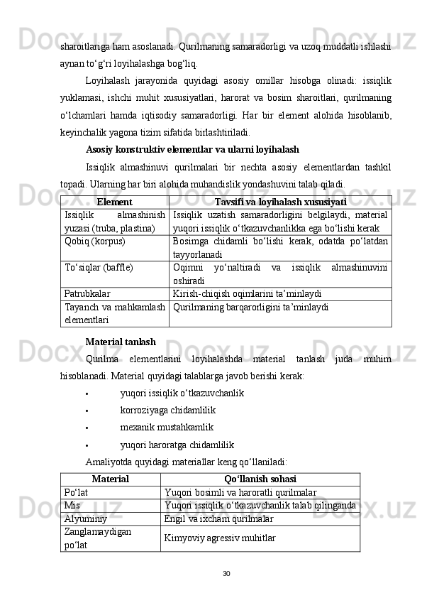 sharoitlariga ham asoslanadi. Qurilmaning samaradorligi va uzoq muddatli ishlashi
aynan to‘g‘ri loyihalashga bog‘liq.
Loyihalash   jarayonida   quyidagi   asosiy   omillar   hisobga   olinadi:   issiqlik
yuklamasi,   ishchi   muhit   xususiyatlari,   harorat   va   bosim   sharoitlari,   qurilmaning
o‘lchamlari   hamda   iqtisodiy   samaradorligi.   Har   bir   element   alohida   hisoblanib,
keyinchalik yagona tizim sifatida birlashtiriladi.
Asosiy konstruktiv elementlar va ularni loyihalash
Issiqlik   almashinuvi   qurilmalari   bir   nechta   asosiy   elementlardan   tashkil
topadi. Ularning har biri alohida muhandislik yondashuvini talab qiladi.
Element Tavsifi va loyihalash xususiyati
Issiqlik   almashinish
yuzasi (truba, plastina) Issiqlik   uzatish   samaradorligini   belgilaydi,   material
yuqori issiqlik o‘tkazuvchanlikka ega bo‘lishi kerak
Qobiq (korpus) Bosimga   chidamli   bo‘lishi   kerak,   odatda   po‘latdan
tayyorlanadi
To‘siqlar (baffle) Oqimni   yo‘naltiradi   va   issiqlik   almashinuvini
oshiradi
Patrubkalar Kirish-chiqish oqimlarini ta’minlaydi
Tayanch   va   mahkamlash
elementlari Qurilmaning barqarorligini ta’minlaydi
Material tanlash
Qurilma   elementlarini   loyihalashda   material   tanlash   juda   muhim
hisoblanadi. Material quyidagi talablarga javob berishi kerak:
 yuqori issiqlik o‘tkazuvchanlik 
 korroziyaga chidamlilik 
 mexanik mustahkamlik 
 yuqori haroratga chidamlilik 
Amaliyotda quyidagi materiallar keng qo‘llaniladi:
Material Qo‘llanish sohasi
Po‘lat Yuqori bosimli va haroratli qurilmalar
Mis Yuqori issiqlik o‘tkazuvchanlik talab qilinganda
Alyuminiy Engil va ixcham qurilmalar
Zanglamaydigan 
po‘lat Kimyoviy agressiv muhitlar
30 