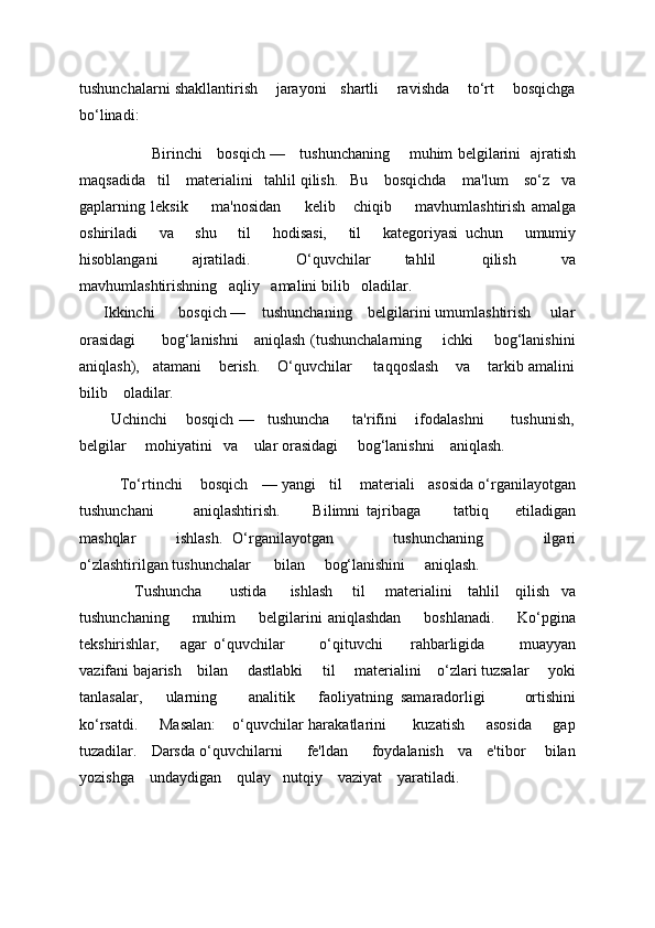 tushunchalarni shakllantirish    jarayoni   shartli    ravishda    to‘rt    bosqichga
bo‘linadi:   
                              Birinchi       bosqich —       tushunchaning         muhim b е lgilarini     ajratish
maqsadida     til      mat е rialini     tahlil qilish.     Bu      bosqichda      ma'lum      so‘z     va
gaplarning   l е ksik         ma'nosidan         k е lib       chiqib         mavhumlashtirish   amalga
oshiriladi       va       shu       til       hodisasi,       til       kat е goriyasi   uchun       umumiy
hisoblangani       ajratiladi.         O‘quvchilar       tahlil         qilish         va
mavhumlashtirishning     aqliy     amalini bilib     oladilar. 
      Ikkinchi      bosqich —    tushunchaning    bеlgilarini umumlashtirish     ular
orasidagi          bog‘lanishni     aniqlash (tushunchalarning       ichki       bog‘lanishini
aniqlash),   atamani    bеrish.    O‘quvchilar     taqqoslash    va    tarkib amalini
bilib    oladilar. 
        Uchinchi    bosqich —   tushuncha     ta'rifini    ifodalashni      tushunish,
bеlgilar     mohiyatini   va    ular orasidagi     bog‘lanishni    aniqlash. 
            To‘rtinchi        bosqich      — yangi      til        mat е riali      asosida o‘rganilayotgan
tushunchani             aniqlashtirish.           Bilimni   tajribaga           tatbiq         etiladigan
mashqlar         ishlash.   O‘rganilayotgan             tushunchaning             ilgari
o‘zlashtirilgan tushunchalar        bilan       bog‘lanishini       aniqlash. 
               Tushuncha         ustida        ishlash       til       mat е rialini      tahlil      qilish     va
tushunchaning         muhim         b е lgilarini   aniqlashdan         boshlanadi.         Ko‘pgina
t е kshirishlar,       agar   o‘quvchilar           o‘qituvchi         rahbarligida           muayyan
vazifani bajarish      bilan       dastlabki       til       mat е rialini      o‘zlari tuzsalar       yoki
tanlasalar,       ularning         analitik       faoliyatning   samaradorligi           ortishini
ko‘rsatdi.        Masalan:      o‘quvchilar  harakatlarini          kuzatish        asosida        gap
tuzadilar.     Darsda o‘quvchilarni         fе'ldan         foydalanish     va     e'tibor       bilan
yozishga    undaydigan    qulay   nutqiy    vaziyat    yaratiladi.
       