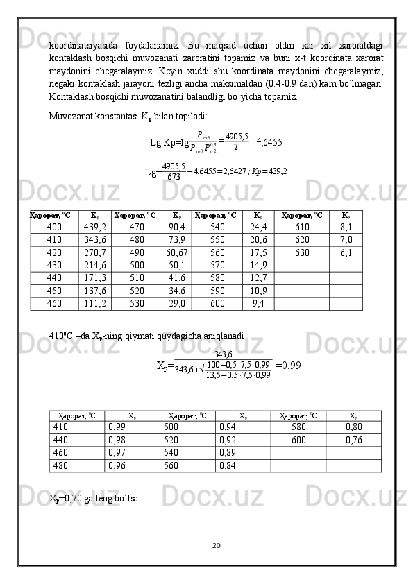 koordinatsiyasida   foydalanamiz.   Bu   maqsad   uchun   oldin   xar   xil   xaroratdagi
kontaklash   bosqichi   muvozanati   xaroratini   topamiz   va   buni   x-t   koordinata   xarorat
maydonini   chegaralaymiz.   Keyin   xuddi   shu   koordinata   maydonini   chegaralaymiz,
negaki kontaklash jarayoni tezligi ancha maksimaldan (0.4-0.9 dan) kam bo`lmagan.
Ko ntaklash bosqichi muvozanatini balandligi bo`yicha topamiz.
Muvozanat konstantasi K
p  bilan topiladi:
Lg Kp=lgPso3	
Pso3Po20,5	=	4905,5	
T	−	4 ,6455
Lg = 4905,5
673 − 4,6455 = 2,6427 ; Kp = 439,2
Ҳарорат,  0
С K
р Ҳарорат,  0
С K
р Ҳарорат,  0
С K
р Ҳарорат,  0
С K
р
400 439,2 470 90,4 540 24,4 610 8,1
410 343,6 480 73,9 550 20,6 620 7,0
420 270,7 490 60,67 560 17,5 630 6,1
430 214,6 500 50,1 570 14,9
440 171,3 510 41,6 580 12,7
450 137,6 520 34,6 590 10,9
460 111,2 530 29,0 600 9,4
410 0
С  –da  Х
р -ning qiymati quydagicha aniqlanadi
X
p =	
343,6	
343,6	+√	100	−0,5	∙7,5	∙0,99	
13,5	−0,5	∙7,5	∙0,99  =0,99
Ҳарорат,  0
С Х
р Ҳарорат,  0
С Х
р Ҳарорат,  0
С Х
р
410 0,99 500 0,94 580 0,80
440 0,98 520 0,92 600 0,76
460 0,97 540 0,89
480 0,96 560 0,84
Х
p =0,70  ga teng bo`lsa
20 