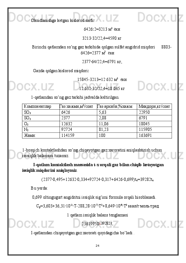 Oksidlanishga ketgan kislorod sarfi :
6426 : 2=3213  м 3  
ёки
3213∙32/22,4=4590  кг
Birinchi qatlamdan so’ng gaz tarkibida qolgan sulfat angidrid miqdori      8803-
6426=2377  м 3
   ёки
2377∙64/22,4=6791  кг ,
  Gazda qolgan kislorod miqdori :
15845-3213=12   632  м 3
   ёки
12   632∙32/22,4=18   045  кг
1-qatlamdan so’ng gaz tarkibi jadvalda keltirilgan .
Компонентлар Газ хажми,м 3
/соат Газ аркиби,%хажм Миқдори,кг/соат
SO
3 6426 5,63 22950
SO
2 2377 2,08 6791
O
2 12632 11,06 18045
N
2 92724 81,23 115905
Жами: 114159 100 163691
1-bosqich kontaktlashdan so’ng chiqayotgan gaz xaroratini aniqlashtirish uchun 
isssiqlik balansini tuzamiz .
I - qatlam kontaktlash massasida t-x orqali gaz bilan chiqib ketayotgan 
issiqlik miqdorini aniqlaymiz .
(2377∙0,495+12632∙0,334+92724∙0,317+6426∙0,699)t
x =39282t
x
Bu yerda:
 0,699 oltingugurt angidritni issiqlik sig’imi formula orqali hisoblanadi .
С
р =3,603+36,31∙10 -3
∙T-288,28∙10 -7
∙T 2
+8,649∙10 -9
∙T 3 
ккал/г∙моль∙грi
1  qatlam issiqlik balans tenglamasi
23619950¿39282	tx
I-qatlamdan chiqayotgan gaz xarorati quyidagicha bo’ladi .
24 