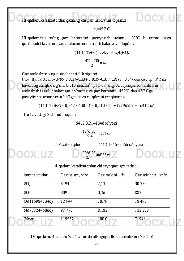III- qatlam katalizatordan gazning chiqish haroratini topamiz ,
t
x =452 0
С
III-qatlamdan   so’ng   gaz   haroratini   pasaytirish   uchun     20 0
С   li   quruq   havo
qo’shiladi.Havo miqdori aralashishini issiqlik balansidan topiladi. 
(113   125+V)∙c
cм ∙t
cм =V∙c
ҳ ∙t
ҳ + Q
г
452 + 430
2 = 441
Gaz aralashmaning o’rtacha issiqlik sig’imi                                                      
Ссм =0,698∙0,0751	+0,495	∙0,0027	+0,334	∙0,1025	+0,317	∙0,8197	=0,347	ккал	/м3∙гр 20 0
C  da 
havoning issiqlik sig’imi  0,310 ккал/м 3
∙грi–га  teng . Aniqlangan kattaliklarni 
aralashish issiqlik balanisga qo’yamiz va gaz haroratini 452 0
С dan 430 0
Сga 
pasaytirish uchun zarur bo’lgan havo miqdorini aniqlaymiz.
(113125 + V)  • 0,347 • 430 = V  • 0,310 • 20 +17796507 V=6412  м 3
  Bu havodagi kislorod miqdori
6412∙0,21=1346 м 3
yoki
1346 ∙ 32
22,4 = 1922 кг
Azot miqdori                6412-1346=5066 м 3
   yoki	
5066	∙28	
22,4	=6333	кг
4 - qatlam katalizatordan chiqayotgan gaz tarkibi
kompanentlari Gaz hajmi, м 3
/с Gaz  tarkibi ,    % Gaz miqdori , кг/с
SO
3 8 494 7, 13 30  335
SO
2 309 0, 26 883
O
2 (11598+1346) 12  944 10,7 9 18  490
N
2 (92724+5066) 97 790 81,8 2 122 238
Жами: 119537 100,0 71946
IV-qatlam.  4  qatlam katalizatorida oltingugurtli katalizatorni oksidlash
28 