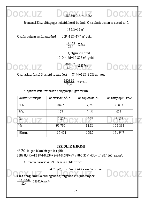 8803∙0,015 = 132м 3
Bundan 132 м  oltingugurt oksidi hosil bo’ladi. Oksidlash uchun kislorod sarfi
132:2=66 м 3
Gazda qolgan sulfit angidrid        309 -132=177 м 3
  yoki	
177	∙64	
22,4	=505	кг
Qolgan kislorod
12   944-66=12   878 м 3
   yoki
12878 ∙ 32
22,4 = 18397 кг
Gaz tarkibida sulfit angidrid miqdori      8494+132=8626  м 3
 yoki
8626 ∙ 80
22,4 = 30807 кг
4- qatlam katalizatordan chiqayotgan gaz tarkibi
компонентлари Газ ҳажми, м 3
/с Газ таркиби   % Газ миқдори , кг/с
SO
3 8626 7,24 30 807
SO
2 177 0,15 505
O
2 12 878 10,75 18 397
N
2 97 790 81,86 122 238
Жами: 119 471 100,0 171 947
                                        ISSIQLIK   KIRIMI                                                          
430 0
С  da   gaz   bilan   kirgan   issiqlik           
(309∙0,495+12   944∙0,334+8494∙0,699+97   790∙0,317)∙430=17   807   160  ккал/с
O’rtacha harorat 432 0
С  dagi issiqlik effekti
24   205-2,21∙705=22   647  ккал / кг ∙ моль ,
Sulfit angidridni oksidlaganda ajralganda issiqlik miqdori
132 ∙ 22647
22,4 = 133455 ккал / ч
29 