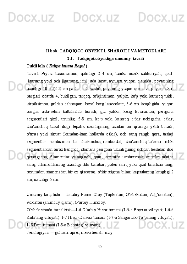 II bob.  TADQIQOT OBYEKTI, SHAROITI VA METODLARI
2.1.    Tadqiqot obyektiga umumiy  tavsifi
Tukli lola (  Tulipa lanata Regel  ) .
Tavsif:   Piyozi   tuxumsimon,   qalinligi   2–4   sm;   tunika   nozik   subkoriyali,   qizil-
jigarrang   yoki   och   jigarrang,   ichi   juda   lanat,   ayniqsa   yuqori   qismida;   poyasining
uzunligi  40–50(60)   sm   gacha,  och yashil,  poyaning  yuqori  qismi   va poyasi   tukli;
barglari   odatda   4,   bukilgan,   tarqoq,   to'lqinsimon,   yalpiz,   ko'p   yoki   kamroq   tukli,
kirpiksimon,   guldan   oshmagan;   bazal   barg   lanceolate,   3-6   sm   kengligida;   yuqori
barglar   asta-sekin   kattalashib   boradi;   gul   yakka,   keng   kosasimon;   perigona
segmentlari   qizil,   uzunligi   5-8   sm,   ko'p   yoki   kamroq   o'tkir   uchigacha   o'tkir,
cho'zinchoq   bazal   dog'i   tepalik   uzunligining   uchdan   bir   qismiga   yetib   boradi,
o'tmas   yoki   sinuat   (kamdan-kam   hollarda   o'tkir),   och   sariq   rangli   qora;   tashqi
segmentlar   rombsimon   to   cho'zinchoq-romboidal,   cho'zinchoq-to'simli   ichki
segmentlardan biroz kengroq; stamens perigona uzunligining uchdan beshdan ikki
qismigacha;   filamentlar   yalang'och,   qora,   kesimida   uchburchak;   anterlar   odatda
sariq,   filamentlarning   uzunligi   ikki   barobar;   polen   sariq   yoki   qizil   binafsha   rang;
tuxumdon stamensdan bir oz qisqaroq, o'tkir stigma bilan; kapsulaning kengligi 2
sm, uzunligi 5 sm.
Umumiy tarqalishi:—Janubiy  Pomir-Oloy (Tojikiston, O zbekiston, Afg oniston),ʻ ʻ
Pokiston (shimoliy qismi), G arbiy Himoloy.	
ʻ
O zbekistonda tarqalishi:—I-6 G arbiy Hisor tumani (I-6-c Boysun viloyati; I-6-d	
ʻ ʻ
Kuhitang viloyati), I-7 Hisor-Darvaz tumani (I-7-a Sangardak-To palang viloyati),	
ʻ
I- 8 Panj tumani (I-8-a Bobotog‘ viloyati).
Fenologiyasi:—gullash: aprel; meva berish: may.
35 