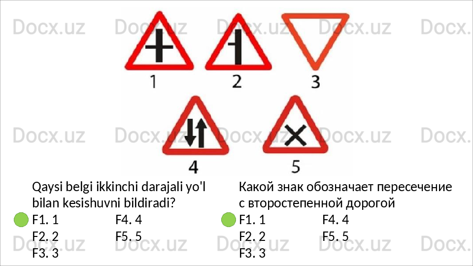 Qaysi   belgi   ikkinchi   darajali   yo'l
bilan kesishuvni bildiradi?
F1.   1 F4.   4
F2.   2 F5.   5
F3.   3 Какой   знак   обозначает   пересечение 
с второстепенной дорогой
F1.   1 F4.   4
F2.   2 F5.   5
F3.   3 