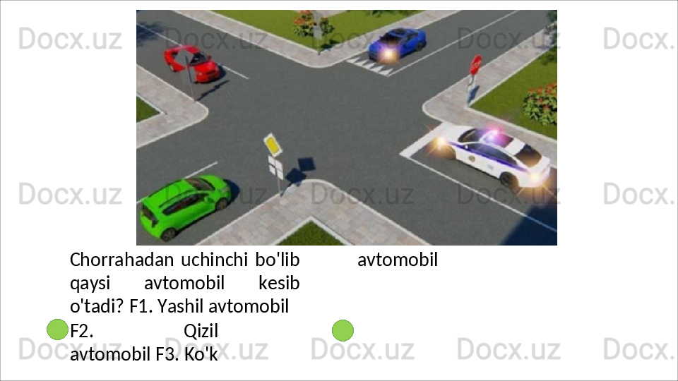 Chorrahadan   uchinchi   bo'lib
qaysi   avtomobil   kesib
o'tadi? F1. Yashil avtomobil
F2.   Qizil
avtomobil F3.   Ko'k avtomobil 