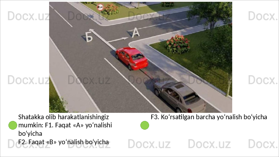 Shatakka   olib   harakatlanishingiz  
mumkin: F1. Faqat «A» yo‘nalishi 
bo‘yicha
F2.   Faqat   «B»   yo‘nalish   bo‘yicha F3.   Ko‘rsatilgan   barcha   yo‘nalish   bo‘yicha 