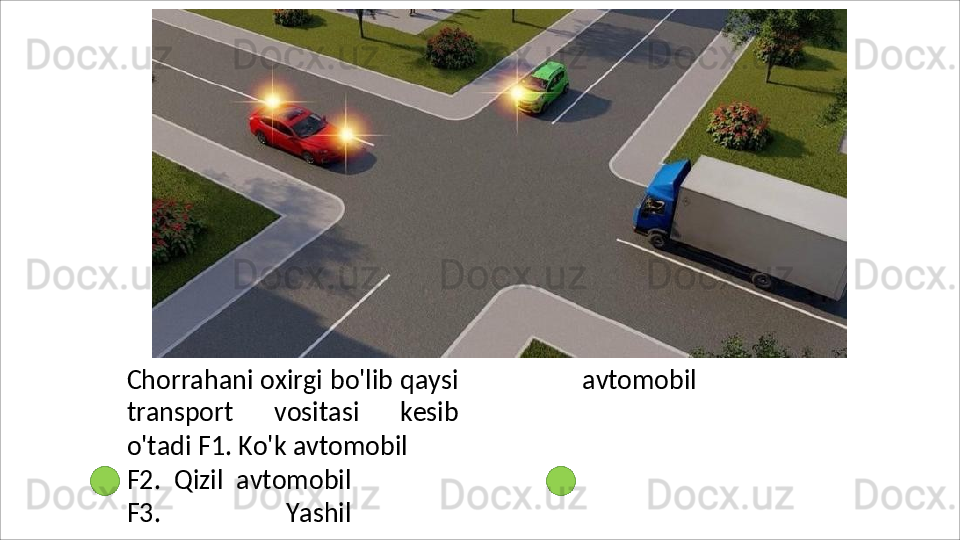 Chorrahani oxirgi bo'lib qaysi
transport   vositasi   kesib
o'tadi F1. Ko'k avtomobil
F2.   Qizil   avtomobil
F3.   Yashil avtomobil 