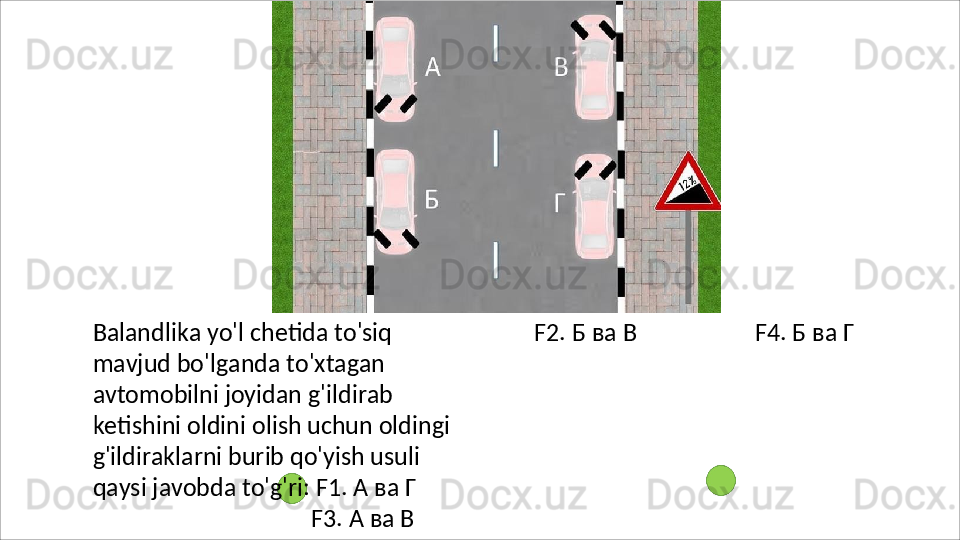 Balandlika   yo'l   chetida   to'siq  
mavjud bo'lganda to'xtagan 
avtomobilni joyidan   g'ildirab  
ketishini   oldini   olish uchun oldingi 
g'ildiraklarni burib qo'yish usuli 
qaysi javobda to'g'ri: F1. А ва Г
F3. А ва В F2.   Б   ва   В F4.   Б   ва   Г 