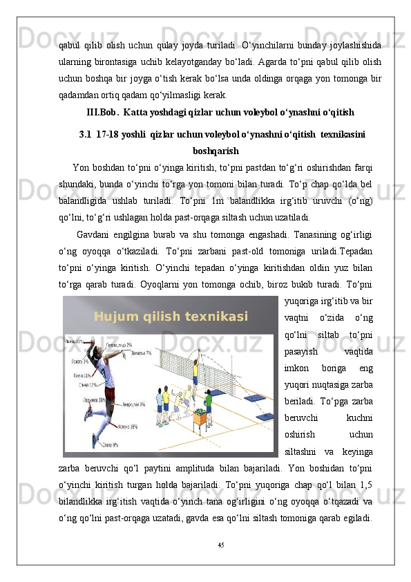 45qabul   qilib   olish   uchun   qulay   joyda   turiladi.   O‘yinchilarni   bunday   joylashishida
ularning birontasiga  uchib kelayotganday bo‘ladi. Agarda to‘pni  qabul  qilib olish
uchun boshqa bir joyga o‘tish kerak bo‘lsa unda oldinga orqaga yon tomonga bir
qadamdan ortiq qadam qo‘yilmasligi kerak.
III.Bob.  Katta yoshdagi qizlar uchun voleybol o‘ynashni o‘qitish
3.1    17-18 yoshli  qizlar uchun voleybol o‘ynashni o‘qitish  texnikasini
boshqarish
Yon boshdan to‘pni o‘yinga kiritish, to‘pni pastdan to‘g‘ri oshirishdan farqi
shundaki,  bunda   o‘yinchi  to‘rga  yon  tomoni  bilan  turadi.  To‘p  chap  qo‘lda  bel
balandligida   ushlab   turiladi.   To‘pni   1m   balandlikka   irg‘itib   uruvchi   (o‘ng)
qo‘lni, to‘g‘ri ushlagan holda past-orqaga siltash uchun uzatiladi.
  Gavdani   engilgina   burab   va   shu   tomonga   engashadi.   Tanasining   og‘irligi
o‘ng   oyoqqa   o‘tkaziladi.   To‘pni   zarbani   past-old   tomoniga   uriladi.Tepadan
to‘pni   o‘yinga   kiritish.   O‘yinchi   tepadan   o‘yinga   kiritishdan   oldin   yuz   bilan
to‘rga   qarab   turadi.   Oyoqlarni   yon   tomonga   ochib,   biroz   bukib   turadi.   To‘pni
yuqoriga irg‘itib va bir
vaqtni   o‘zida   o‘ng
qo‘lni   siltab   to‘pni
pasayish   vaqtida
imkon   boriga   eng
yuqori nuqtasiga zarba
beriladi.   To‘pga   zarba
beruvchi   kuchni
oshirish   uchun
siltashni   va   keyinga
zarba   beruvchi   qo‘l   paytini   amplituda   bilan   bajariladi.   Yon   boshidan   to‘pni
o‘yinchi   kiritish   turgan   holda   bajariladi.   To‘pni   yuqoriga   chap   qo‘l   bilan   1,5
bilandlikka   irg‘itish   vaqtida   o‘yinch   tana   og‘irligini   o‘ng   oyoqqa   o‘tqazadi   va
o‘ng qo‘lni past-orqaga uzatadi, gavda esa qo‘lni siltash tomoniga qarab egiladi. 