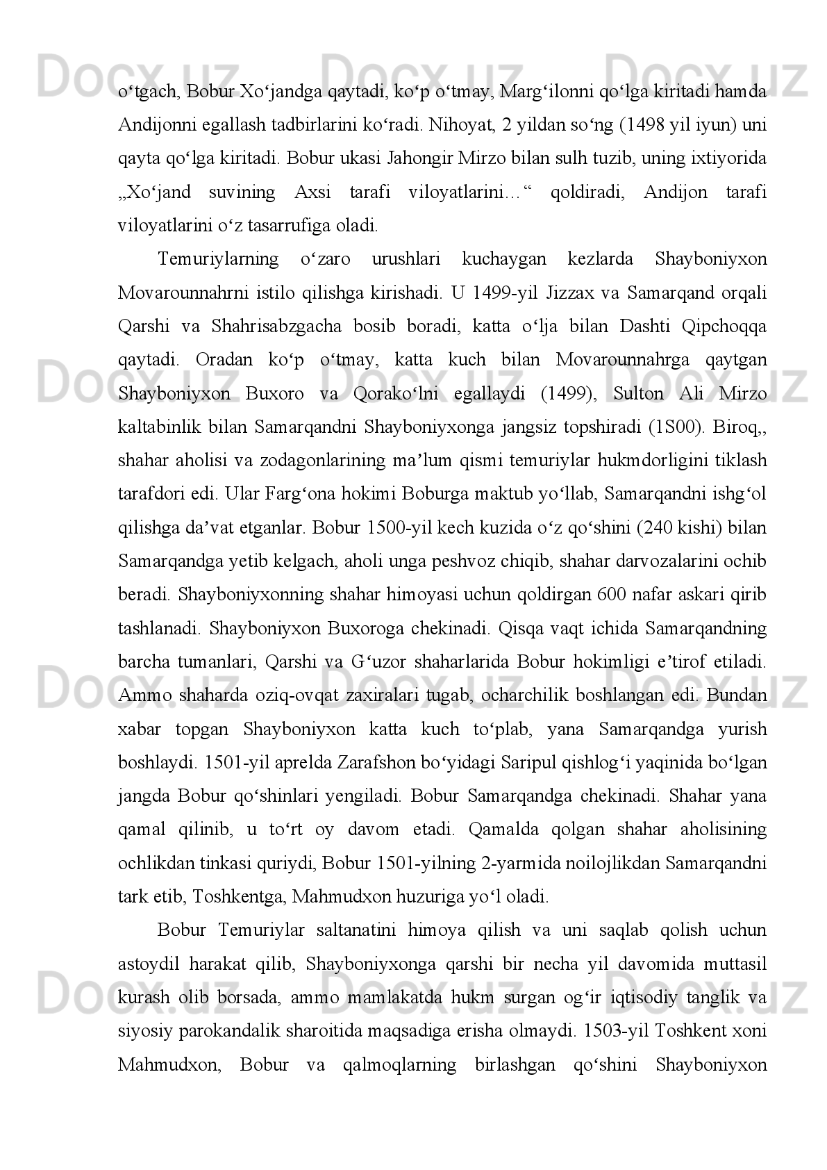 ZAHIRRIDIN MUHAMMAD BOBUR Ruboiylar
Har kimki vafo qilsa vafo topgusidur,
Har kimki jafo qilsa jafo topgusidur,
Yahshi kishi yomonlig' ko'rmagay hargiz,
Ha kimki yomon bo'lsa jazo topgusidur!
* * * * *
Taqdir yuki boshimga balolig' bo'ldi,
Har neniki ayladim hatolig' bo'ldi,
Oz yurtni qo'yib Hind sori yuzlandim,
Yo Rab netayin, bu ne yuz qarolig' bo'ldi.
Jondin seni ko'p sevarmen ey umri aziz,
Sondin seni ko'p sevarmen ey umri aziz,
Har neniki sevmak ondin ortiq o'lmaz,
Ondin seni ko'p sevarmen ey umri aziz.
Tishing dur, labing marjon, xading gul, xating rayhon,
Yuzung hur, soching anbar, so'zung mul, menging meynon.
Meynon menging, so'zing mul, anbar soching, yuzung hur,
Rayhon xating, xading gul, marjon labing, tishing dur.
Tafohur ko'zum, ko'nglum qilurlar magar bordur,
Ko'zunga ko'ngul vola, yuzunga ko'zum hayron.
Hayron ko'zum yuzunga, vola ko'ngul ko'zunga,
Bordur magar, qilurlar ko'nglum, ko'zum tafohur.
Tafakkur necha qilsam topilmas sening misling,
