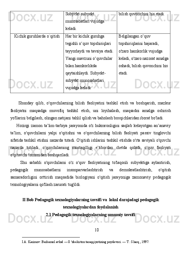 Subyekt-subyekt 
munosabatlari vujudga 
keladi. bilish quvonchini his etadi.
Kichik guruhlarda o`qitish Har bir kichik guruhga 
tegishli o‘quv topshiriqlari 
tayyorlaydi va tavsiya etadi. 
Yangi mavzuni o‘quvchilar 
bilan hamkorlikda 
qaytaishlaydi. Subyekt-
subyekt munosabatlari 
vujudga keladi Belgilangan o‘quv 
topshiriqlarini bajaradi, 
o'zaro hamkorlik vujudga 
keladi, o'zaro nazorat amalga
oshadi, bilish quvonchini his
etadi.
        Shunday   qilib,   o'quvchilarning   bilish   faoliyatini   tashkil   etish   va   boshqarish,   mazkur
faoliyatni   maqsadga   muvofiq   tashkil   etish,   uni   loyihalash,   maqsadni   amalga   oshirish
yo'llarini belgilash, olingan natijani tahlil qilish va baholash bosqichlaridan iborat bo'ladi. 
        Hozirgi   zamon   ta’lim-tarbiya   jarayonida   o'z   hukmronligini   saqlab   kelayotgan   an’anaviy
ta’lim,   o'quvchilami   yalpi   o'qitishni   va   o'quvchilaming   bilish   faoliyati   passiv   tinglovchi
sifatida tashkil etishni nazarda tutadi. O'qitish ishlarini tashkil etishda o'rta saviyali o'quvchi
nazarda   tutiladi,   o'quvchilarning   mustaqilligi   e’tibordan   chetda   qoladi,   o'quv   faoliyati
o'qituvchi tomonidan boshqariladi. 
        Shu   sababli   o'quvchilami   o'z   o'quv   faoliyatining   to'laqonli   subyektiga   aylantirish,
pedagogik   munosabatlarni   insonparvarlashtirish   va   demokratlashtirish,   o'qitish
samaradorligini   orttirish   maqsadida   biologiyani   o'qitish   jarayoniga   zamonaviy   pedagogik
texnologiyalarni qo'llash zarurati tug'ildi. 
II Bob Pedagogik texnologiyalarning tavsifi va   lokal darajadagi pedagogik
texnologiyalardan foydalanish  
2.1 Pedagogik texnologiyalarning umumiy tavsifi
10
___________________________                                            
I.A. Karimov. Barkamol avlod — 0 ‘zbekiston taraqqiyotining poydevori. —  Т .: Sharq , 1997. 