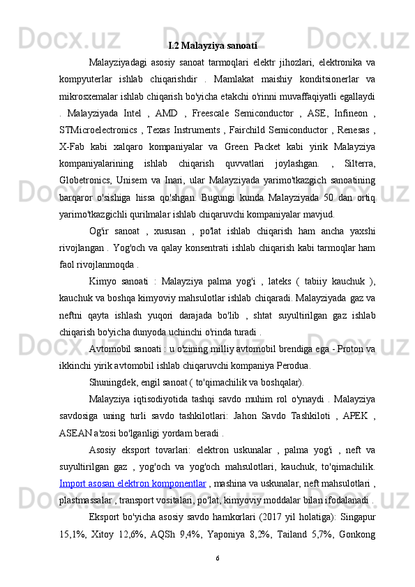 I.2 Malayziya sanoati
Malayziyadagi   asosiy   sanoat   tarmoqlari   elektr   jihozlari,   elektronika   va
kompyuterlar   ishlab   chiqarishdir   .   Mamlakat   maishiy   konditsionerlar   va
mikrosxemalar  ishlab chiqarish bo'yicha etakchi o'rinni muvaffaqiyatli egallaydi
.   Malayziyada   Intel   ,   AMD   ,   Freescale   Semiconductor   ,   ASE,   Infineon   ,
STMicroelectronics   ,   Texas   Instruments   ,   Fairchild   Semiconductor   ,   Renesas   ,
X-Fab   kabi   xalqaro   kompaniyalar   va   Green   Packet   kabi   yirik   Malayziya
kompaniyalarining   ishlab   chiqarish   quvvatlari   joylashgan.   ,   Silterra,
Globetronics,   Unisem   va   Inari,   ular   Malayziyada   yarimo'tkazgich   sanoatining
barqaror   o'sishiga   hissa   qo'shgan.   Bugungi   kunda   Malayziyada   50   dan   ortiq
yarimo'tkazgichli qurilmalar ishlab chiqaruvchi kompaniyalar mavjud.
Og'ir   sanoat   ,   xususan   ,   po'lat   ishlab   chiqarish   ham   ancha   yaxshi
rivojlangan .   Yog'och   va   qalay konsentrati   ishlab chiqarish kabi tarmoqlar ham
faol rivojlanmoqda .
Kimyo   sanoati   :   Malayziya   palma   yog'i   ,   lateks   (   tabiiy   kauchuk   ),
kauchuk   va boshqa kimyoviy mahsulotlar ishlab chiqaradi. Malayziyada   gaz va
neftni   qayta   ishlash   yuqori   darajada   bo'lib   ,   shtat   suyultirilgan   gaz   ishlab
chiqarish bo'yicha dunyoda uchinchi o'rinda turadi .
Avtomobil sanoati  : u o'zining milliy avtomobil brendiga ega - Proton va
ikkinchi yirik avtomobil ishlab chiqaruvchi kompaniya Perodua.
Shuningdek,  engil sanoat  (  to'qimachilik  va boshqalar).
Malayziya   iqtisodiyotida   tashqi   savdo   muhim   rol   o'ynaydi   .   Malayziya
savdosiga   uning   turli   savdo   tashkilotlari:   Jahon   Savdo   Tashkiloti   ,   APEK   ,
ASEAN  a'zosi bo'lganligi yordam beradi .
Asosiy   eksport   tovarlari:   elektron   uskunalar   ,   palma   yog'i   ,   neft   va
suyultirilgan   gaz   ,   yog'och   va   yog'och   mahsulotlari,   kauchuk,   to'qimachilik.
Import asosan     elektron komponentlar     , mashina va uskunalar,  neft mahsulotlari  ,
plastmassalar  , transport vositalari, po'lat,  kimyoviy moddalar  bilan ifodalanadi .
Eksport   bo'yicha  asosiy  savdo   hamkorlari  (2017 yil   holatiga):   Singapur
15,1%,   Xitoy   12,6%,   AQSh   9,4%,   Yaponiya   8,2%,   Tailand   5,7%,   Gonkong
6 