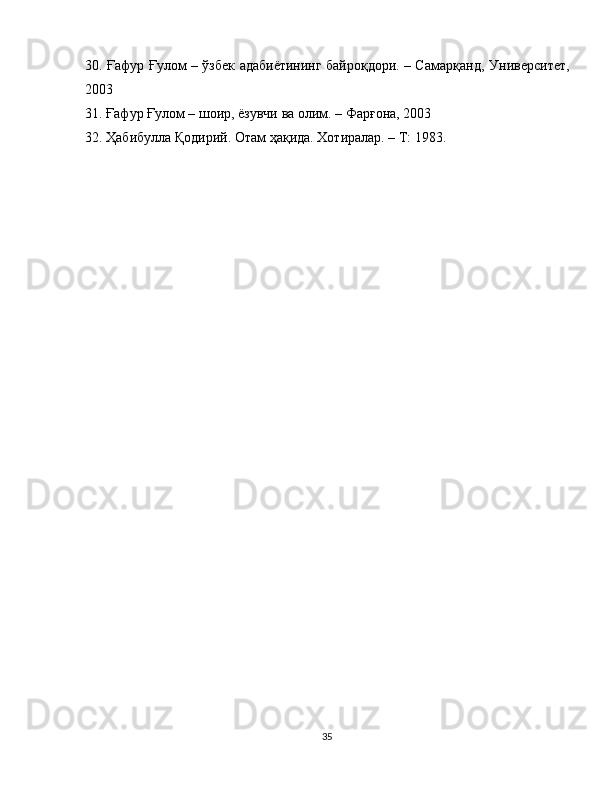 30. Ғафур Ғулом – ўзбек адабиётининг байроқдори. – Самарқанд,   Университет,
2003
31. Ғафур Ғулом – шоир, ёзувчи ва олим. – Фарғона, 2003
32. Ҳабибулла Қодирий. Отам ҳақида. Хотиралар. – Т: 1983.
35 