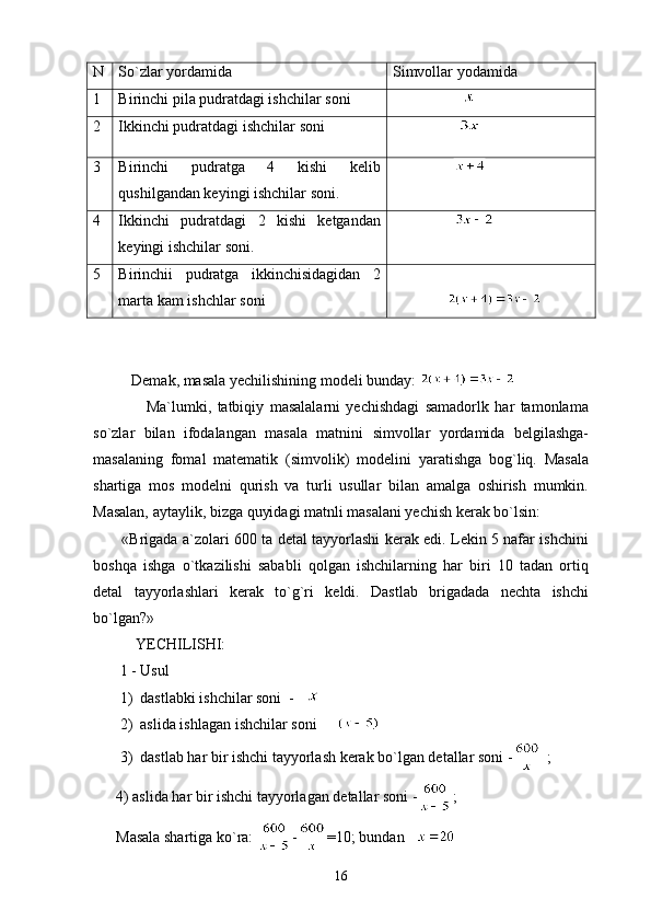 N So ` zlar yordamida  Simvollar yodamida
1 Birinchi pila pudratdagi ishchilar soni                   
2 Ikkinchi pudratdagi ishchilar soni                  
3 Birinchi   pudratga   4   kishi   kelib
qushilgandan keyingi ishchilar soni.                  
4 Ikkinchi   pudratdagi   2   kishi   ketgandan
keyingi ishchilar soni.                 
5 Birinchii   pudratga   ikkinchisidagidan   2
marta kam ishchlar soni             
                           
                  
          Demak, masala yechilishining modeli bunday: 
                  Ma`lumki,   tatbiqiy   masalalarni   yechishdagi   samadorlk   har   tamonlama
so`zlar   bilan   ifodalangan   masala   matnini   simvollar   yordamida   belgilashga-
masalaning   fomal   matematik   (simvolik)   modelini   yaratishga   bog`liq.   Masala
shartiga   mos   modelni   qurish   va   turli   usullar   bilan   amalga   oshirish   mumkin.
Masalan, aytaylik, bizga quyidagi matnli masalani yechish kerak bo`lsin:
           «Brigada a`zolari 600 ta detal tayyorlashi kerak edi. Lekin 5 nafar ishchini
boshqa   ishga   o`tkazilishi   sababli   qolgan   ishchilarning   har   biri   10   tadan   ortiq
detal   tayyorlashlari   kerak   to`g`ri   keldi.   Dastlab   brigadada   nechta   ishchi
bo`lgan?» 
 YECHILISHI:
       1 - Usul
       1)  dastlabki ishchilar soni  -   
       2)  aslida ishlagan ishchilar soni   
        3)  dastlab har bir ishchi tayyorlash kerak bo`lgan detallar soni -  ;
      4) aslida har bir ishchi tayyorlagan detallar soni - ;
      Masala shartiga ko`ra:  - =10; bundan   
16 