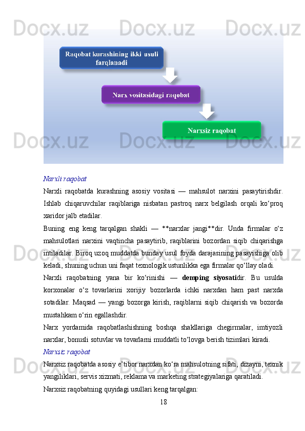 Narxli raqobat
Narxli   raqobatda   kurashning   asosiy   vositasi   —   mahsulot   narxini   pasaytirishdir.
Ishlab   chiqaruvchilar   raqiblariga   nisbatan   pastroq   narx   belgilash   orqali   ko‘proq
xaridor jalb etadilar.
Buning   eng   keng   tarqalgan   shakli   —   **narxlar   jangi**dir.   Unda   firmalar   o‘z
mahsulotlari   narxini   vaqtincha   pasaytirib,   raqiblarini   bozordan   siqib   chiqarishga
intiladilar. Biroq uzoq muddatda bunday usul  foyda darajasining pasayishiga  olib
keladi, shuning uchun uni faqat texnologik ustunlikka ega firmalar qo‘llay oladi.
Narxli   raqobatning   yana   bir   ko‘rinishi   —   demping   siyosati dir.   Bu   usulda
korxonalar   o‘z   tovarlarini   xorijiy   bozorlarda   ichki   narxdan   ham   past   narxda
sotadilar.   Maqsad   —   yangi   bozorga   kirish,   raqiblarni   siqib   chiqarish   va   bozorda
mustahkam o‘rin egallashdir.
Narx   yordamida   raqobatlashishning   boshqa   shakllariga   chegirmalar,   imtiyozli
narxlar, bonusli sotuvlar va tovarlarni muddatli to‘lovga berish tizimlari kiradi.
Narxsiz raqobat
Narxsiz raqobatda asosiy e’tibor narxdan ko‘ra mahsulotning sifati, dizayni, texnik
yangiliklari, servis xizmati, reklama va marketing strategiyalariga qaratiladi.
Narxsiz raqobatning quyidagi usullari keng tarqalgan:
18 