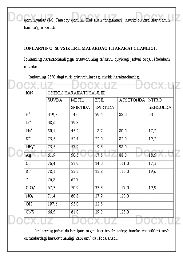 qonuniyatlar   (M:   Faradey   qonuni,   Kol’aush   tenglamasi)   suvsiz   elektrolitlar   uchun
ham to’g’ri keladi.
IONLARNING  SUVSIZ ERITMALARDAG I HARAKATCHANLIGI.
Ionlarning harakatchanligiga erituvchining ta’sirini quyidagi jadval orqali ifodalash
mumkin.
    Ionlarning 25 0
C dagi turli erituvchilardagi chekli harakatchanligi 
ION CHEKLI HARAKATCHANLIK
SUVDA METIL
SPIRTIDA ETIL
SPIRTIDA  ATSETONDA NITRO
BENZOLDA
H +
349,8 143 59,5 88,0 23
Li +
38,6 39,8
Na +
50,1 45,2 18,7 80,0 17,2
K +
73,5 52,4 22,0 82,0 19,2
NH
4 +
73,5 57,9 19,3 98,0
Ag +
61,9 50,3 17,5 88,0 18,5
Cl -
76,4 52,9 24,3 111,0 17,3
Br -
78,1 55,5 25,8 113,0 19,6
J -
76,8 62,7
ClO
4 -
67,3 70,9 33,8 117,0 19,9
NO
3 -
71,4 60,8 27,9 120,0
OH -
197,6 53,0 22,5
CNS -
66,5 61,0 29,2 123,0
Ionlarning jadvalda berilgan organik erituvchilardagi harakatchanliklari suvli
eritmalardagi harakatchanligi kabi om -1 
da ifodalanadi. 