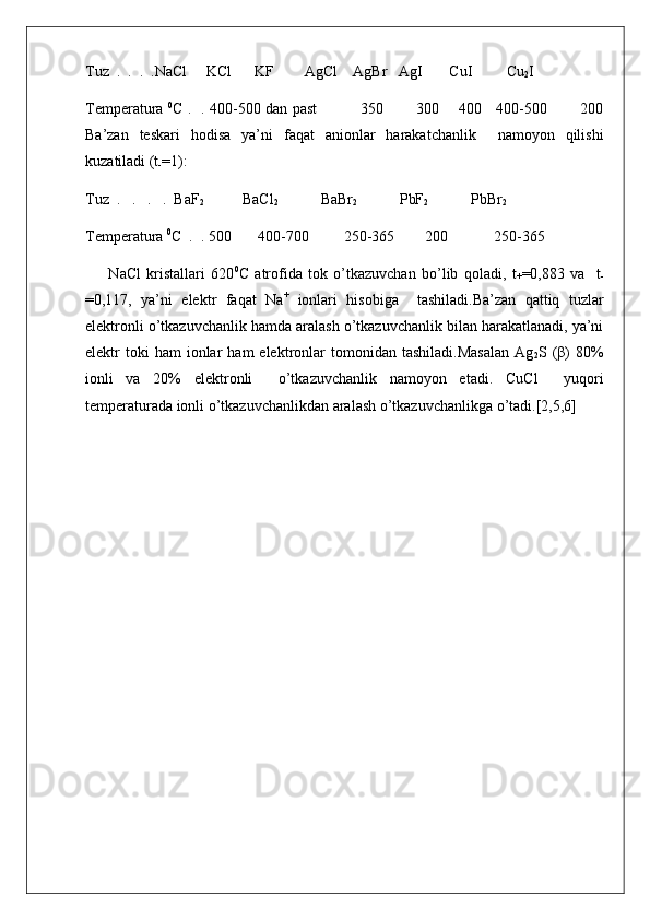 Tuz  .  .  .  .NaCl     KCl      KF        AgCl    AgBr   AgI       CuI         Cu
2 I
Temperatura   0
C .   . 400-500 dan past                 350             300       400     400-500             200
Ba’zan   teskari   hodisa   ya’ni   faqat   anionlar   harakatchanlik     namoyon   qilishi
kuzatiladi (t
- =1):
Tuz  .   .   .   .  BaF
2           BaCl
2             BaBr
2            PbF
2            PbBr
2
Temperatura  0
C  .  . 500       400-700         250-365        200            250-365
        NaCl   kristallari   620 0
C   atrofida   tok   o’tkazuvchan   bo’lib   qoladi,   t
+ =0,883   va     t
-
=0,117,   ya’ni   elektr   faqat   Na +
  ionlari   hisobiga     tashiladi.Ba’zan   qattiq   tuzlar
elektronli o’tkazuvchanlik hamda aralash o’tkazuvchanlik bilan harakatlanadi, ya’ni
elektr   toki  ham  ionlar  ham  elektronlar   tomonidan  tashiladi.Masalan  Ag
2 S  (β)  80%
ionli   va   20%   elektronli     o’tkazuvchanlik   namoyon   etadi.   CuCl     yuqori
temperaturada ionli o’tkazuvchanlikdan aralash o’tkazuvchanlikga o’tadi.[2,5,6] 