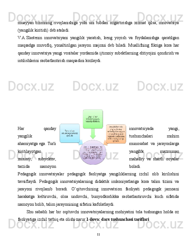 muayyan   tizimning   rivojlanishiga   yoki   uni   tubdan   ozgartirishga   xizmat   qilsa,   innovatsiya
(yangilik kiritish) deb ataladi.
V.A.Slastenin   innovatsiyani   yangilik   yaratish,   keng   yoyish   va   foydalanishga   qaratilgan
maqsadga   muvofiq,   yonaltirilgan   jarayon   majmui   deb   biladi.   Muallifning   fikriga   kora   har
qanday innovatsiya yangi vositalar yordamida ijtimoiy subektlarning ehtiyojini qondirish va
intilishlarini raobatlantirish maqsadini kozlaydi. 
Har   qanday innovatsiyada   yangi,
yangilik tushunchalari   muhim
ahamiyatga ega. Turli munosabat   va   jarayonlarga
kiritilayotgan yangilik   mazmunan
xususiy,   subyektiv, mahalliy   va   shartli   ooyalar
tarzida   namoyon boladi.
Pedagogik   innovatsiyalar   pedagogik   faoliyatga   yangiliklarning   izchil   olib   kirilishini
tavsiflaydi.   Pedagogik   innovatsiyalarning   didaktik   imkoniyatlariga   kora   talim   tizimi   va
jarayoni   rivojlanib   boradi.   O‘qituvchining   innovatsion   faoliyati   pedagogik   jamoani
harakatga   keltiruvchi,   oloa   undovchi,   bunyodkorlikka   raobatlantiruvchi   kuch   sifatida
namoyon bolib, talim jarayonining sifatini kafolatlaydi. 
Shu   sababli   har   bir   oqituvchi   innovatsiyalarning   mohiyatini   tola   tushungan   holda   oz
faoliyatiga izchil tatbiq eta olishi zarur. 1-ilova: dars tushunchasi tariflari
  
11 