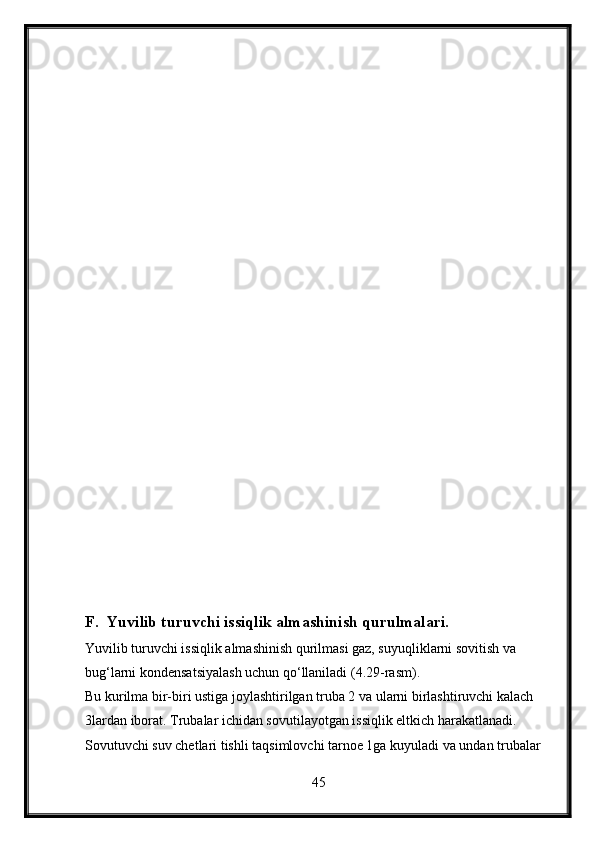 F.  Yuvilib turuvchi issiqlik almashinish qurulmalari.
Yuvilib turuvchi issiqlik almashinish qurilmasi gaz, suyuqliklarni sovitish va 
bug‘larni kondensatsiyalash uchun qo‘llaniladi (4.29-rasm).
Bu kurilma bir-biri ustiga joylashtirilgan truba 2 va ularni birlashtiruvchi kalach 
3lardan iborat. Trubalar ichidan sovutilayotgan issiqlik eltkich harakatlanadi.  
Sovutuvchi suv chetlari tishli taqsimlovchi tarnoe 1ga kuyuladi va undan trubalar  
45 