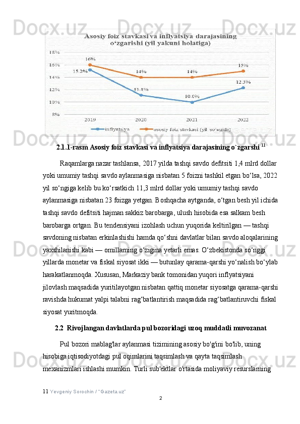 2.1.1-rasm Asosiy foiz stavkasi va inflyatsiya darajasining o`zgarshi  11
 
Raqamlarga nazar tashlansa, 2017 yilda tashqi savdo defitsiti 1,4 mlrd dollar 
yoki umumiy tashqi savdo aylanmasiga nisbatan 5 foizni tashkil etgan bo‘lsa, 2022
yil so‘ngiga kelib bu ko‘rsatkich 11,3 mlrd dollar yoki umumiy tashqi savdo 
aylanmasiga nisbatan 23 foizga yetgan. Boshqacha aytganda, o‘tgan besh yil ichida
tashqi savdo defitsiti hajman sakkiz barobarga, ulush hisobida esa salkam besh 
barobarga ortgan. Bu tendensiyani izohlash uchun yuqorida keltirilgan — tashqi 
savdoning nisbatan erkinlashishi hamda qo‘shni davlatlar bilan savdo aloqalarining
yaxshilanishi kabi — omillarning o‘zigina yetarli emas. O‘zbekistonda so‘nggi 
yillarda monetar va fiskal siyosat ikki — butunlay qarama-qarshi yo‘nalish bo‘ylab
harakatlanmoqda. Xususan, Markaziy bank tomonidan yuqori inflyatsiyani 
jilovlash maqsadida yuritilayotgan nisbatan qattiq monetar siyosatga qarama-qarshi
ravishda hukumat yalpi talabni rag‘batlantirish maqsadida rag‘batlantiruvchi fiskal 
siyosat yuritmoqda. 
2.2  Rivojlangan davlatlarda pul bozoridagi uzoq muddatli muvozanat 
Pul bozori mablag'lar aylanmasi tizimining asosiy bo'g'ini bo'lib, uning 
hisobiga iqtisodiyotdagi pul oqimlarini taqsimlash va qayta taqsimlash 
mexanizmlari ishlashi mumkin. Turli sub'ektlar o'rtasida moliyaviy resurslarning 
11   Yevgeniy Sorochin / “Gazeta.uz”  
  2 