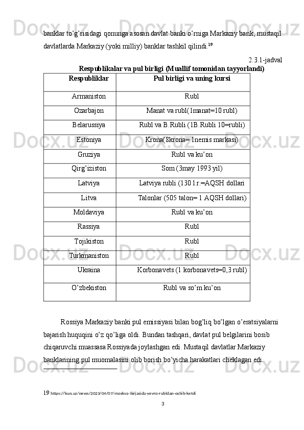 banklar to’g’risidagi qonunga asosan davlat banki o’rniga Markaziy bank, mustaqil
davlatlarda Markaziy (yoki milliy) banklar tashkil qilindi. 19
 
2.3.1-jadval
Respublikalar va pul birligi (Muallif tomonidan tayyorlandi) 
Respubliklar  Pul birligi va uning kursi 
Armaniston  Rubl 
Ozarbajon  Manat va rubl(1manat=10 rubl) 
Belarussiya  Rubl va B.Rubli (1B.Rubli 10=rubli) 
Estoniya  Krona(8krona= 1nemis markasi) 
Gruziya  Rubl va ku’on 
Qirg’iziston  Som (3may 1993 yil) 
Latviya  Latviya rubli (130 l.r.=AQSH dollari 
Litva  Talonlar (505 talon= 1 AQSH dollari) 
Moldaviya  Rubl va ku’on 
Rassiya   Rubl 
Tojikiston  Rubl 
Turkmaniston  Rubl 
Ukraina  Korbonavets (1 korbonavets=0,3 rubl) 
O’zbekiston  Rubl va so’m ku’on 
 
Rossiya Markaziy banki pul emissiyasi bilan bog’liq bo’lgan o’eratsiyalarni 
bajarish huquqini o’z qo’liga oldi.  Bundan tashqari, davlat pul belgilarini bosib 
chiqaruvchi muassasa Rossiyada joylashgan edi. Mustaqil davlatlar Markaziy 
banklarining pul muomalasini olib borish bo’yicha harakatlari cheklagan edi. 
 
19   https://kun.uz/news/2023/04/07/moskva-birjasida-yevro-rubldan-oshib-ketdi 
  3 