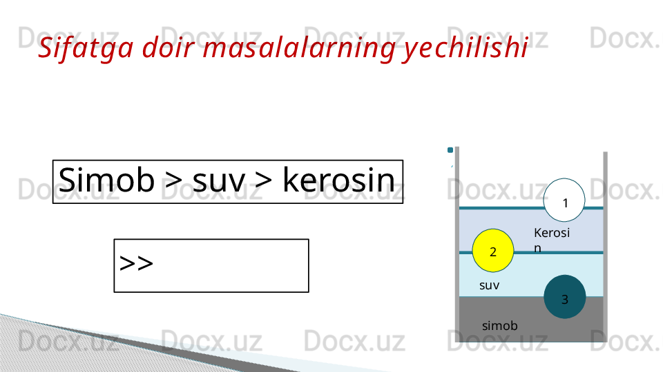 >>Sif at ga doir masalalarning ye chilishi
Kerosi
n
suv
simob 2
3 1Simob > suv > kerosin      