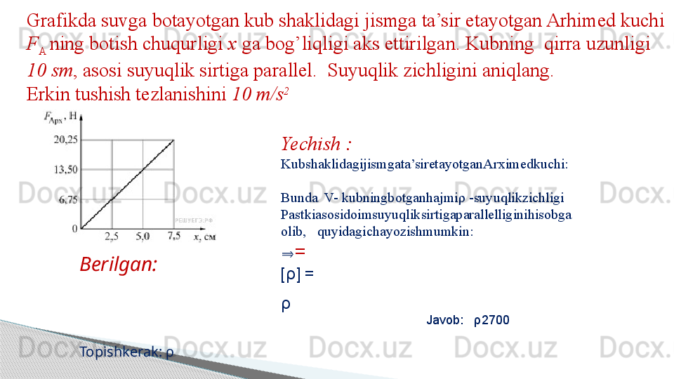 Grafikda suvga botayotgan kub shaklidagi jismga ta’sir etayotgan Arhimed kuchi 
F
А   ning botish chuqurligi  x  ga   bog’liqligi aks ettirilgan. Kubning  qirra uzunligi
10 sm , asosi suyuqlik sirtiga parallel.  Suyuqlik zichligini aniqlang. 
Erkin tushish tezlanishini  10 m / s 2
Yechish :
Kubshaklidagijismgata’siretayotganArximedkuchi:
Bunda  V- kubningbotganhajmi ρ  -suyuqlikzichligi
Pastkiasosidoimsuyuqliksirtigaparallelliginihisobga
olib,   quyidagichayozishmumkin:      
⇒ =
[ρ]  =
ρ
Javob:    ρ 2700Berilgan:
Topishkerak:  ρ     